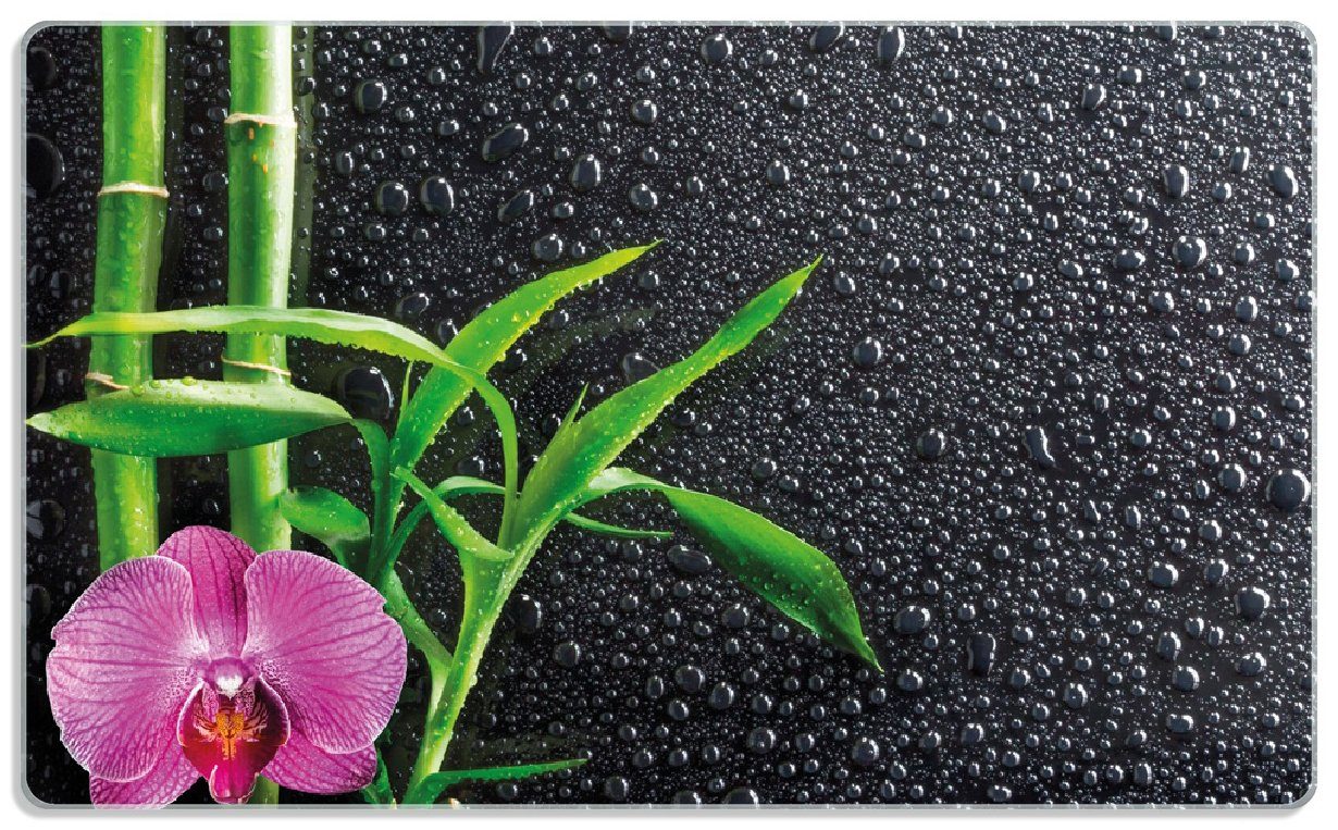 Frühstücksbrett Orchidee 14x23cm Wallario pinke und 1-St), Regentropfen, rutschfester Glas (inkl. 4mm, ESG-Sicherheitsglas, auf Bambus schwarzem mit Gummifüße