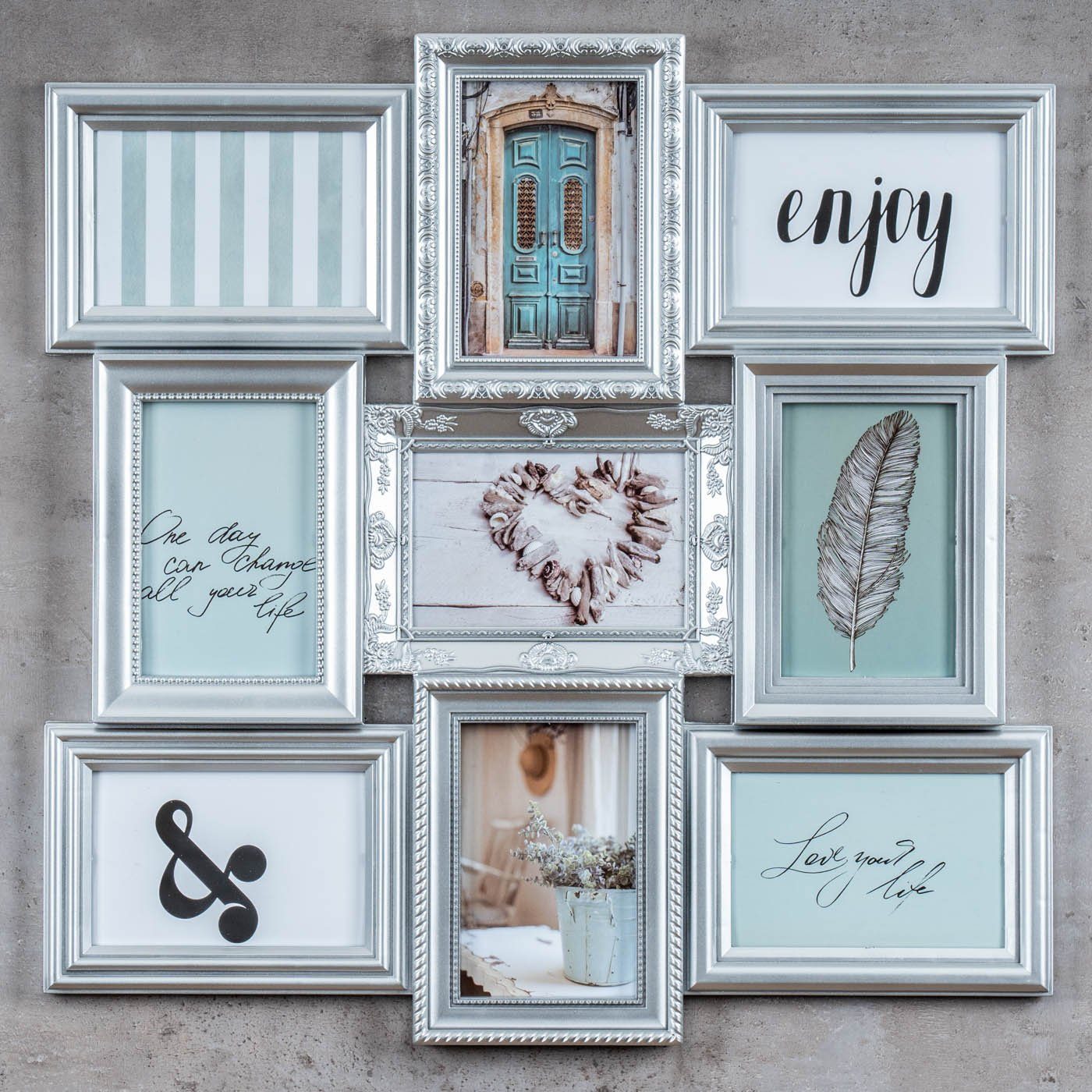 Levandeo® Bilderrahmen Collage, Bilderrahmen 9 Fotos 10x15 Silber Barock Fotocollage Fotogalerie