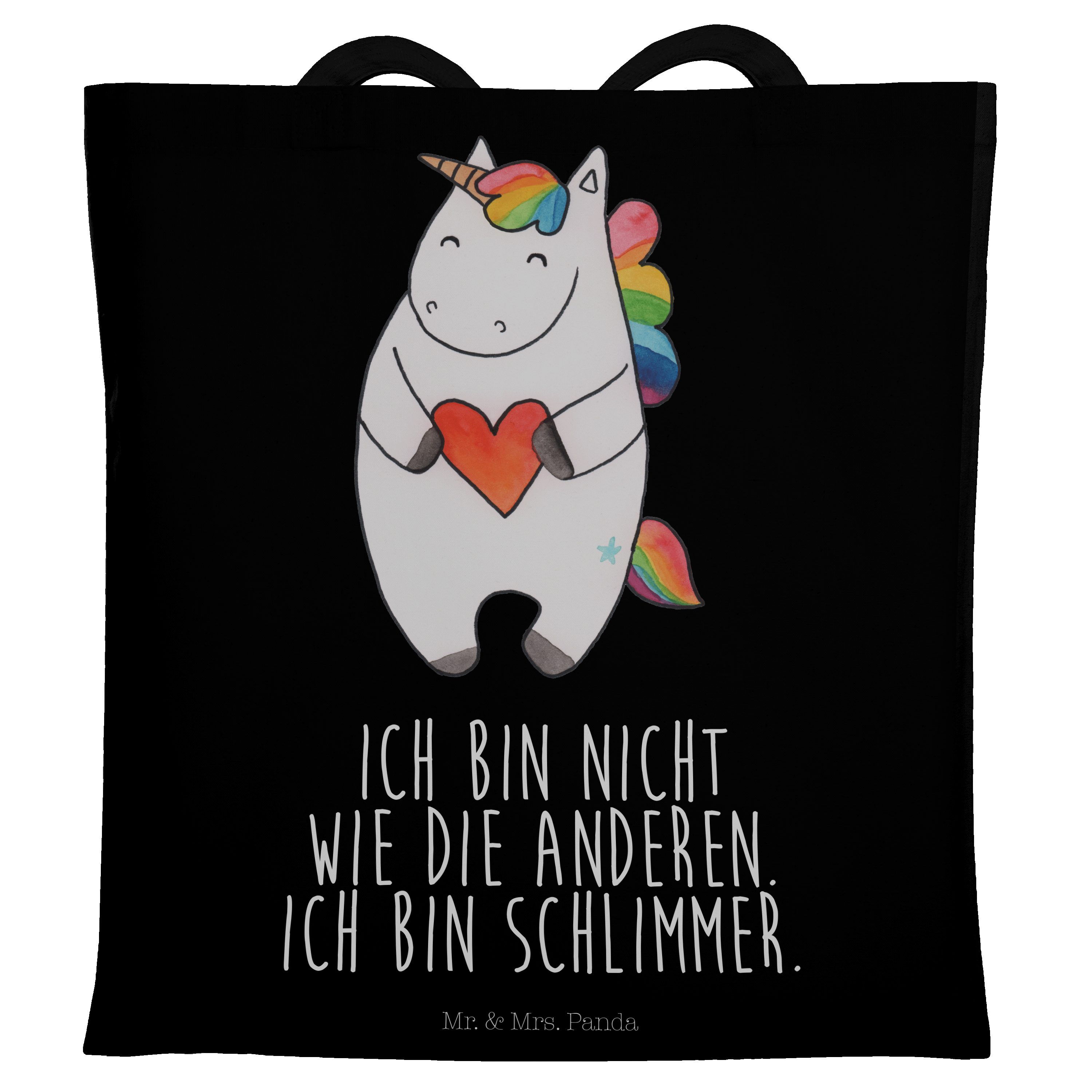 Mr. & Mrs. Panda Tragetasche Einhorn Herz - Schwarz - Geschenk, Einkaufstasche, böse, Jutebeutel, (1-tlg)