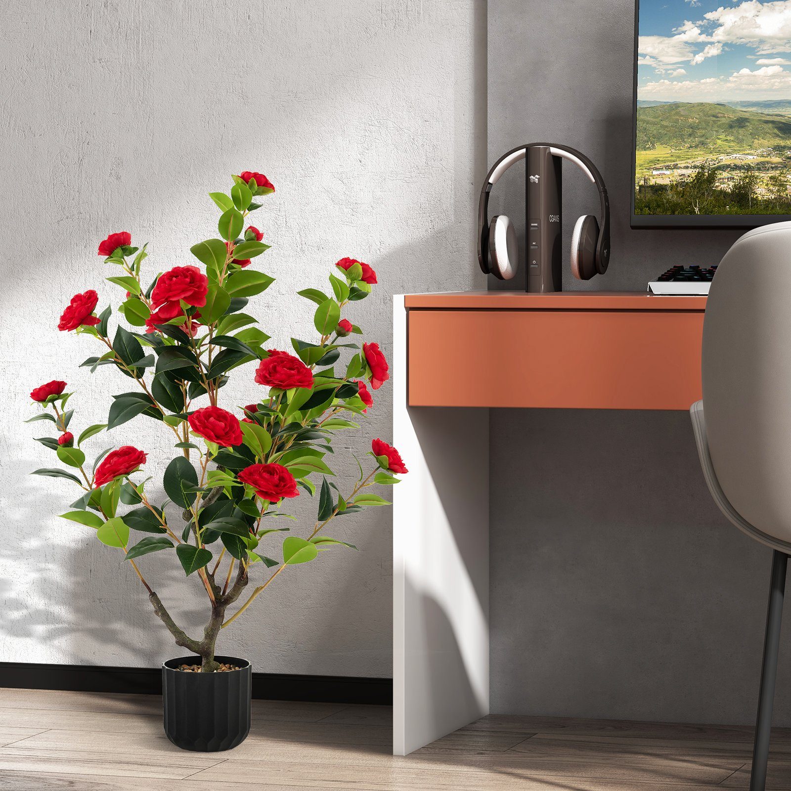 Kunstbaum Kamelie, COSTWAY, Höhe 95 cm, 2er-Set mit 24 Blüten & Blumentopf günstig online kaufen
