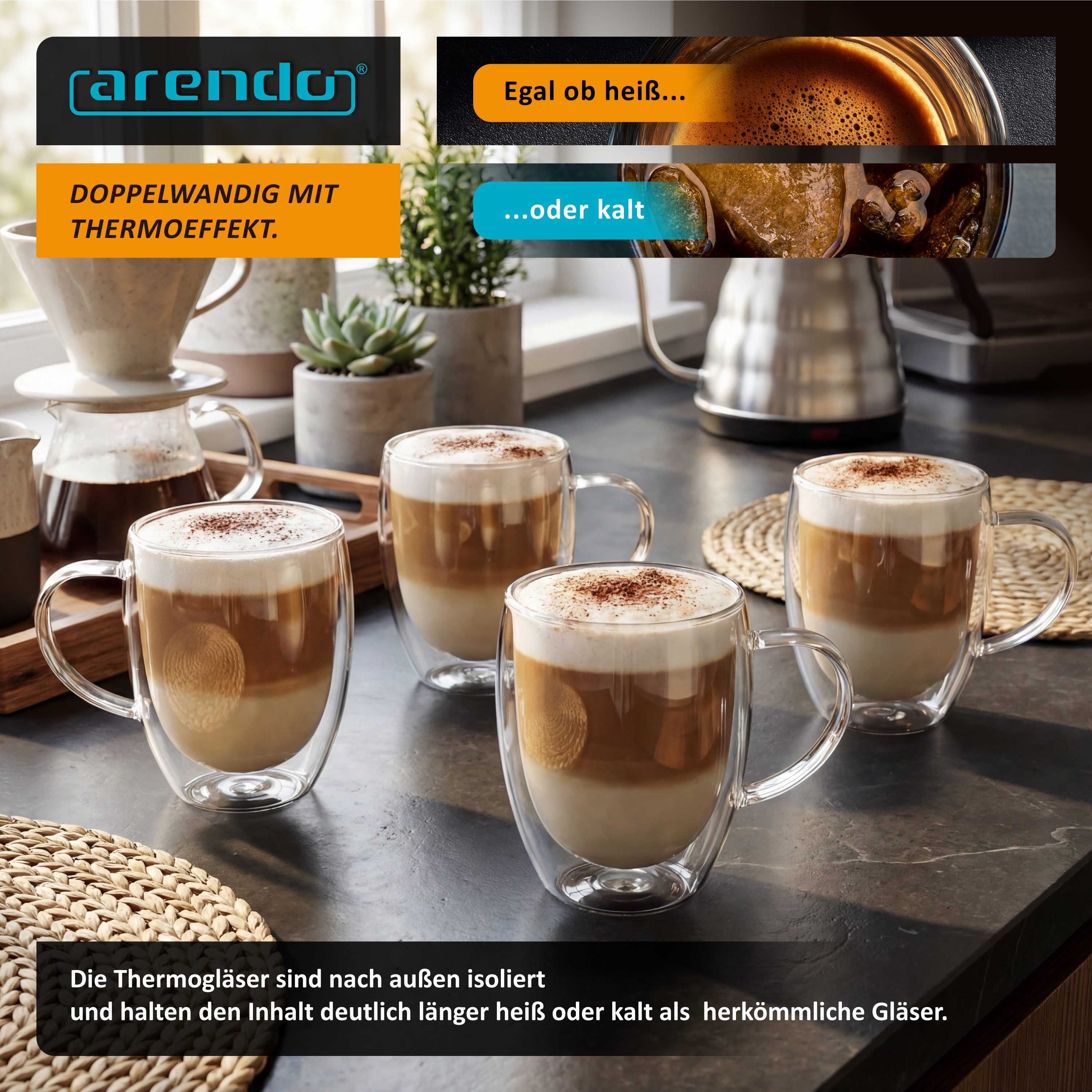 Arendo Gläser-Set doppelwandige Thermogläser, 350 ml Kaffeetasse, Trinkglas ohne Henkel, 12-tlg., Glas, für Latte Macchiato, Cappuccino, Tee, hitzebeständig spü – Bild 4 von 5