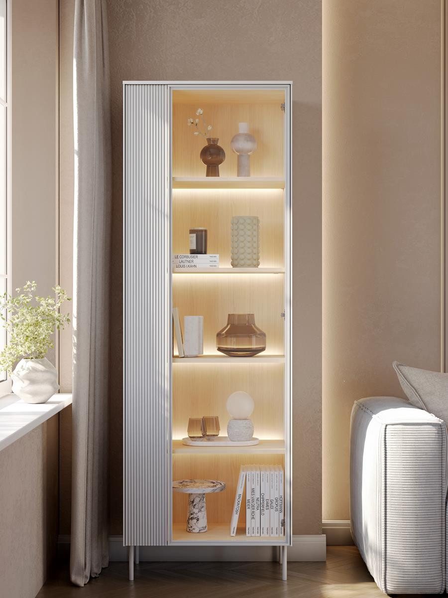 Compleo Standvitrine schmal mit 2 Türen MILO, Modern Vitrine weiß/eiche vincenza