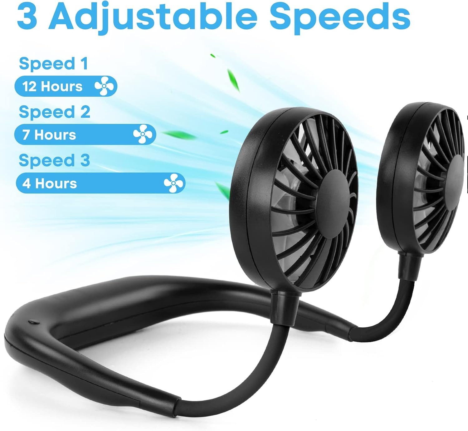 FELIXLEO Mini USB-Ventilator Nackenventilator 2000mAh USB leise tragbar Outdoor Schwarz