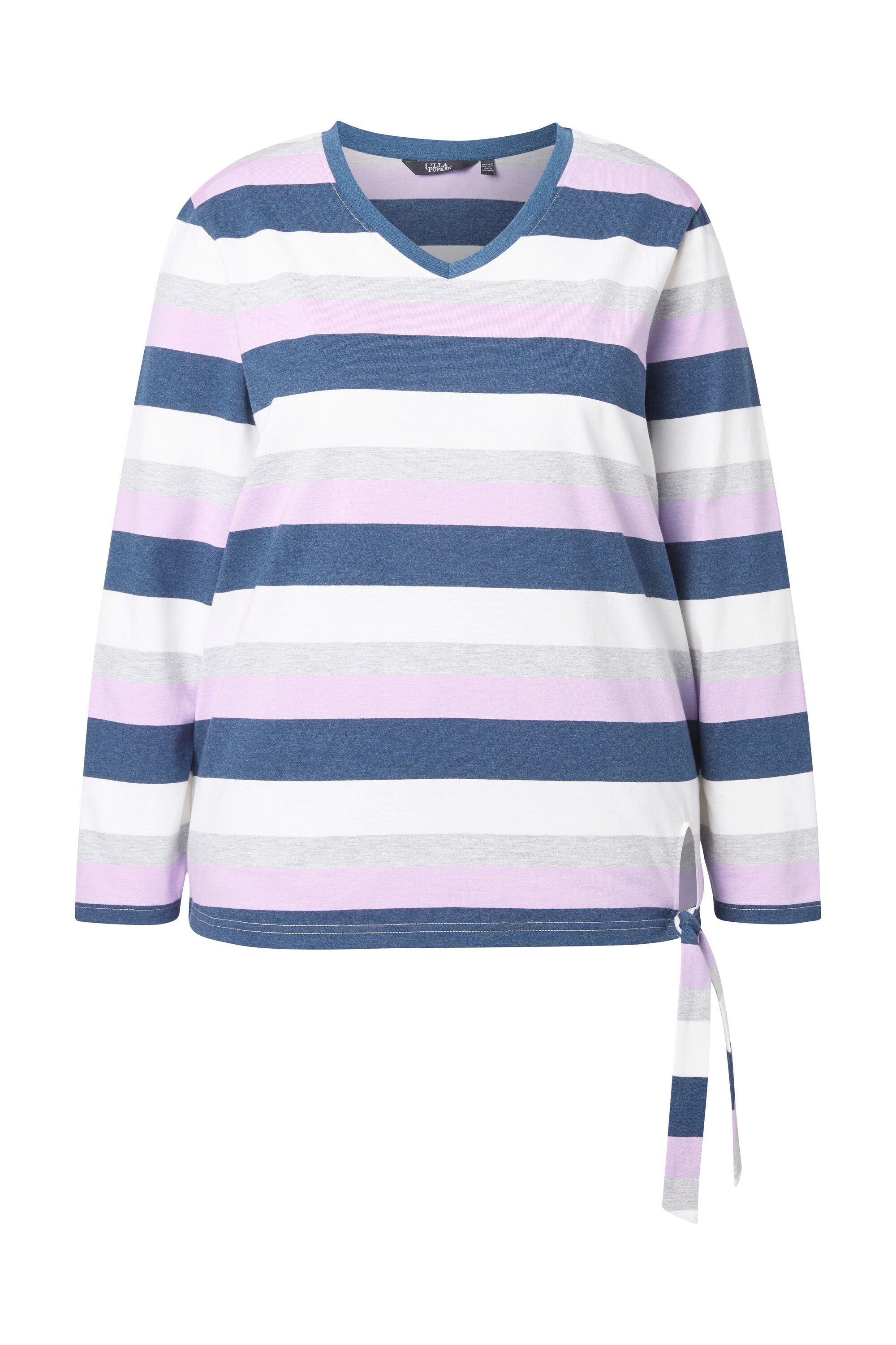 Ulla Popken T-Shirt Ringelshirt Saumknoten V-Ausschnitt Langarm