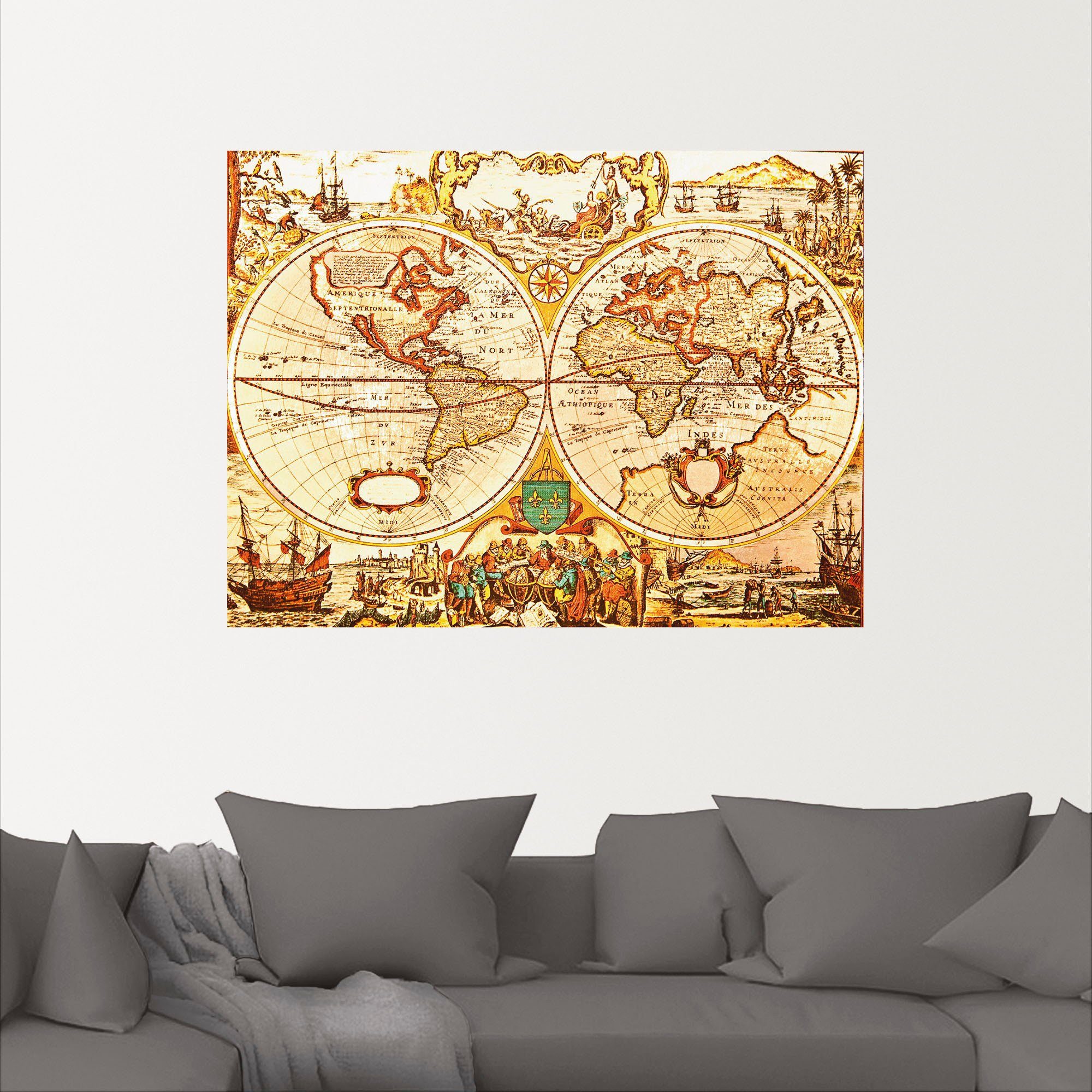 Artland Wandbild Antike Alubild, Landkarten Größen in Wandaufkleber als Leinwandbild, St), versch. oder Weltkarte, Poster (1