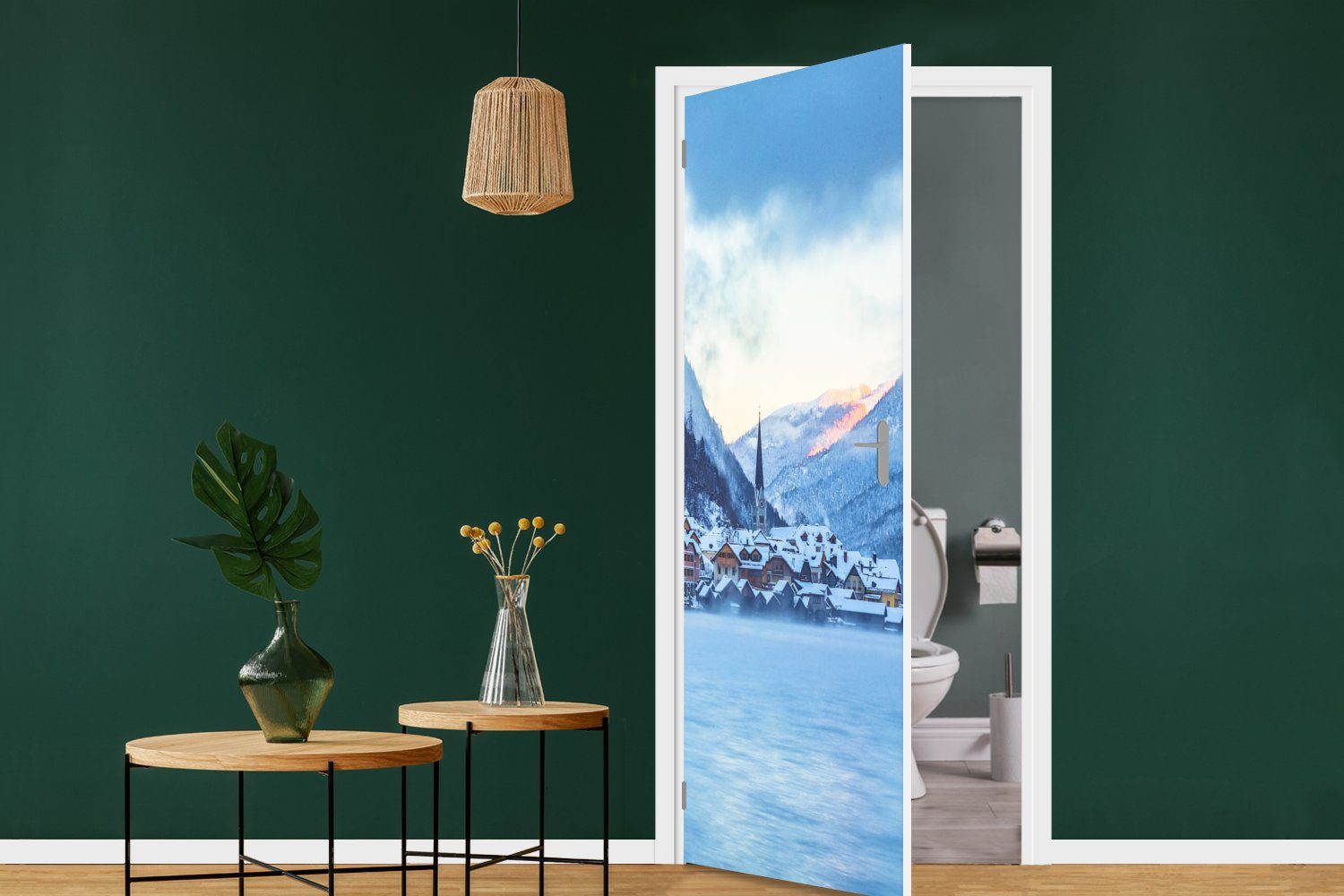 Tür, Türaufkleber, Fototapete - 75x205 Türtapete bedruckt, (1 St), für MuchoWow Matt, Alpen cm - Schnee, Dorf
