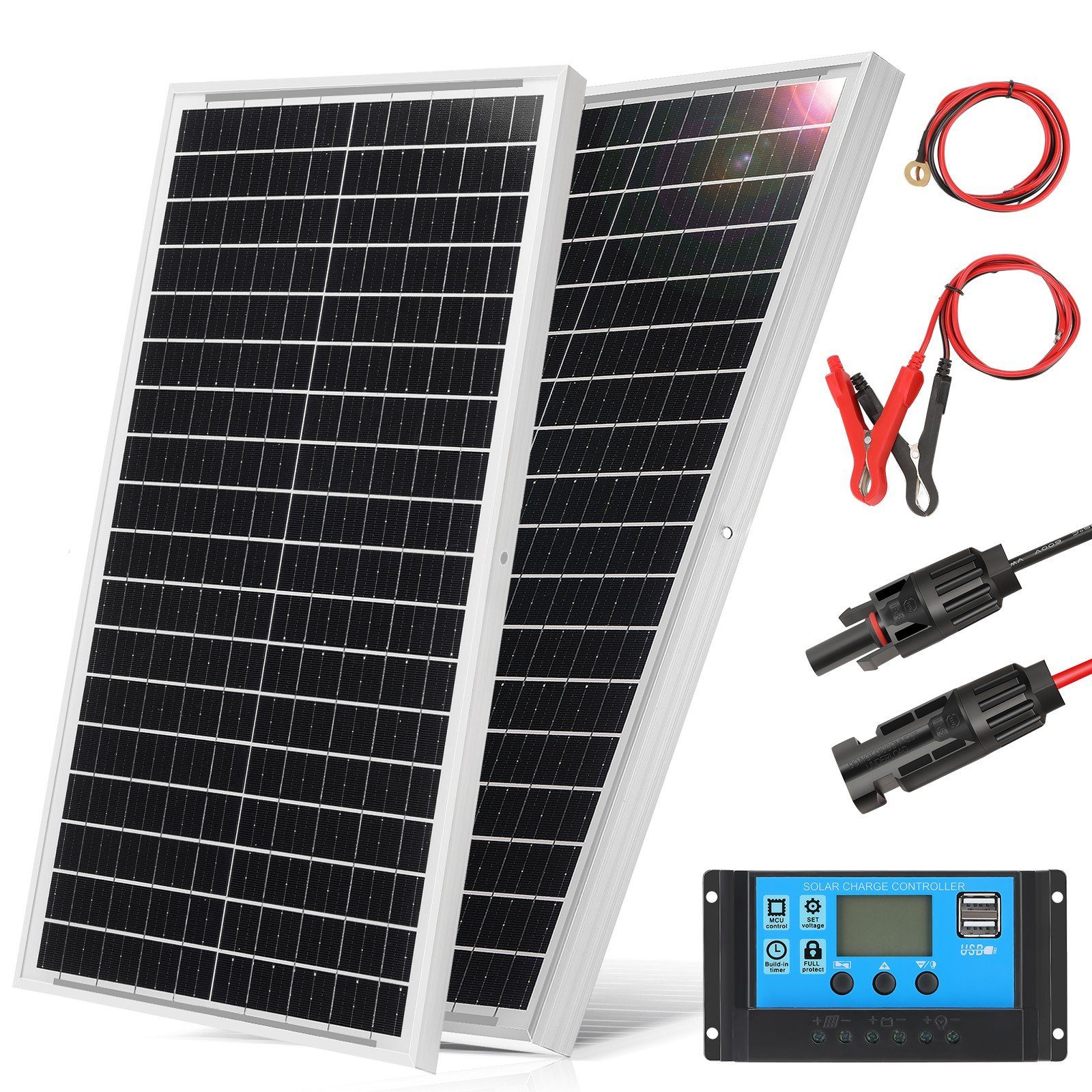iscooter Solaranlage 60 Watt Solarpanel kit Off-Grid System für Wohnmobil, Camping, 60,00 W, 2x 30W Solarmodule mit 10A Laderegler Solarkabel Montageklammern Weiß