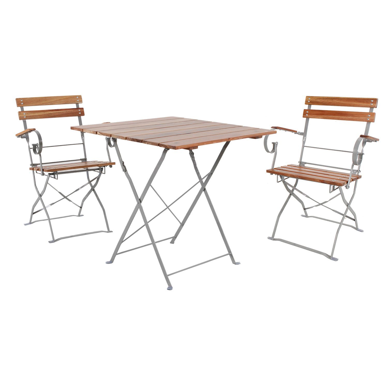Mojawo Essgruppe Biergarten Set Klapptisch + 2 Klappstühle mit Armlehnen Akazie 70x70cm