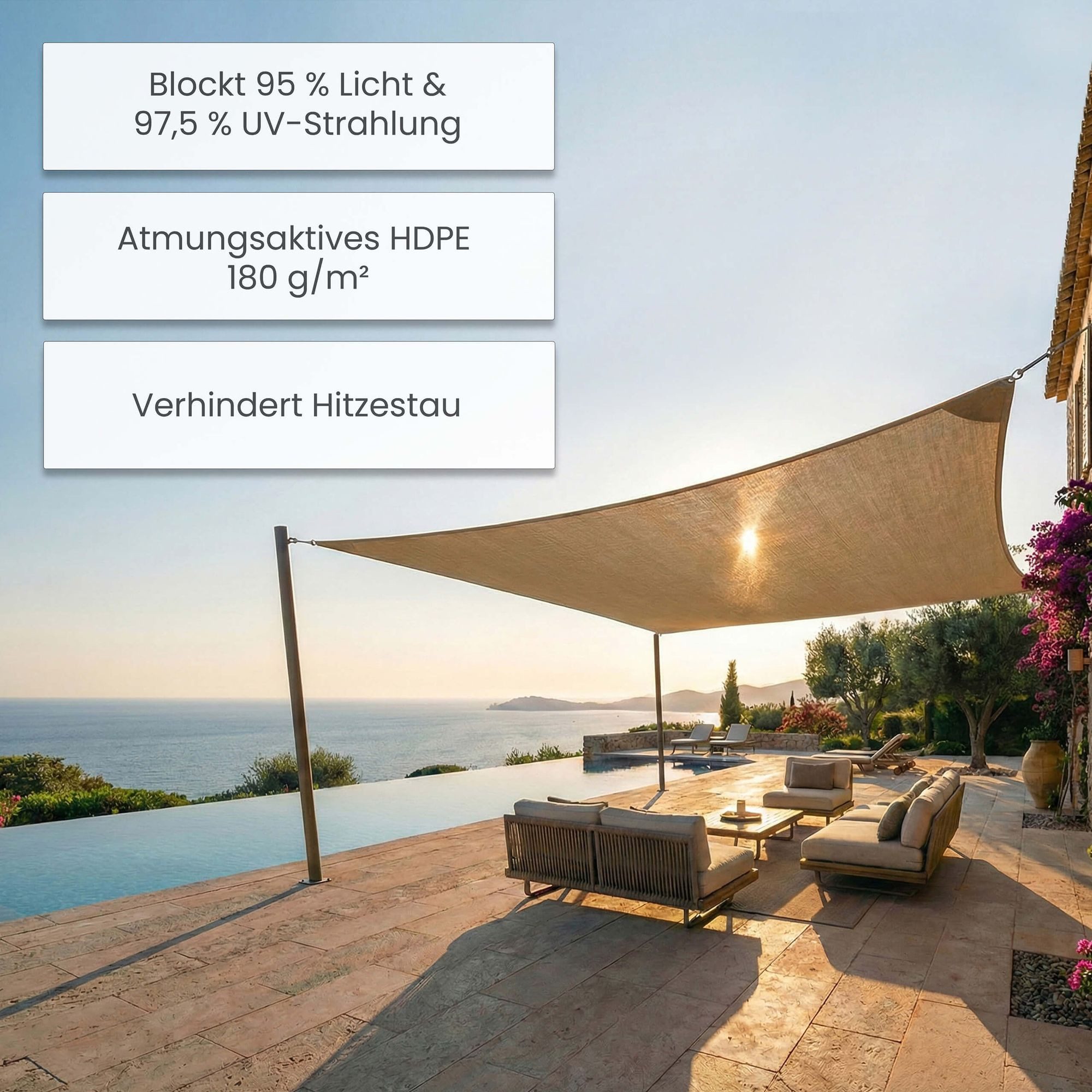 Jardinion Sonnensegel, (Rechteckig 2 x 3m Weiß Sonnenschutz, Luftdurchlässig, 1-tlg), inkl. Befestigungsseil