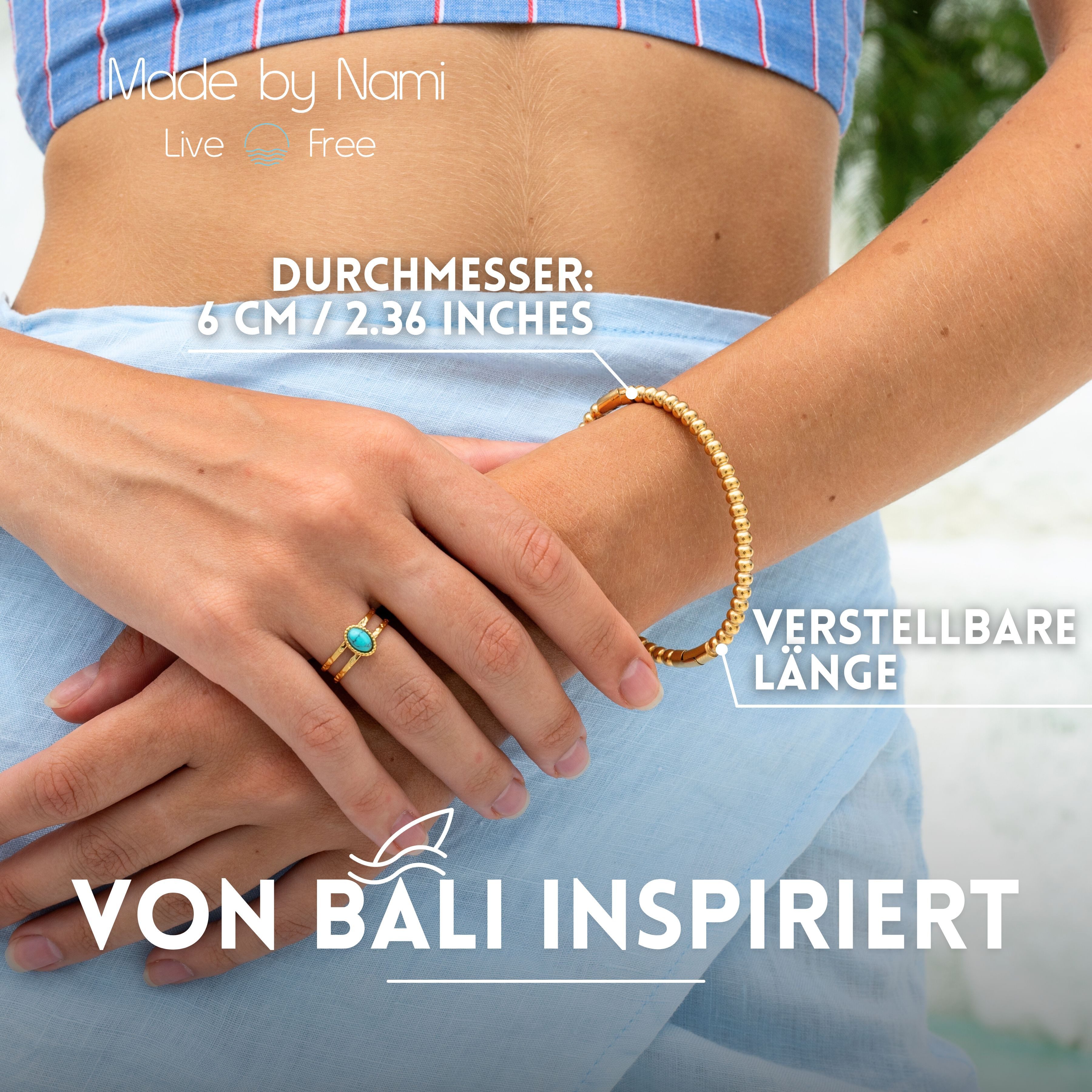 Made by Nami Armreif Damen Gold mit runden Perlen wasserfest hypoallergen Boho-Stil, aus Edelstahl – mit runden Perlen – Boho-Stil – hautfreundlich
