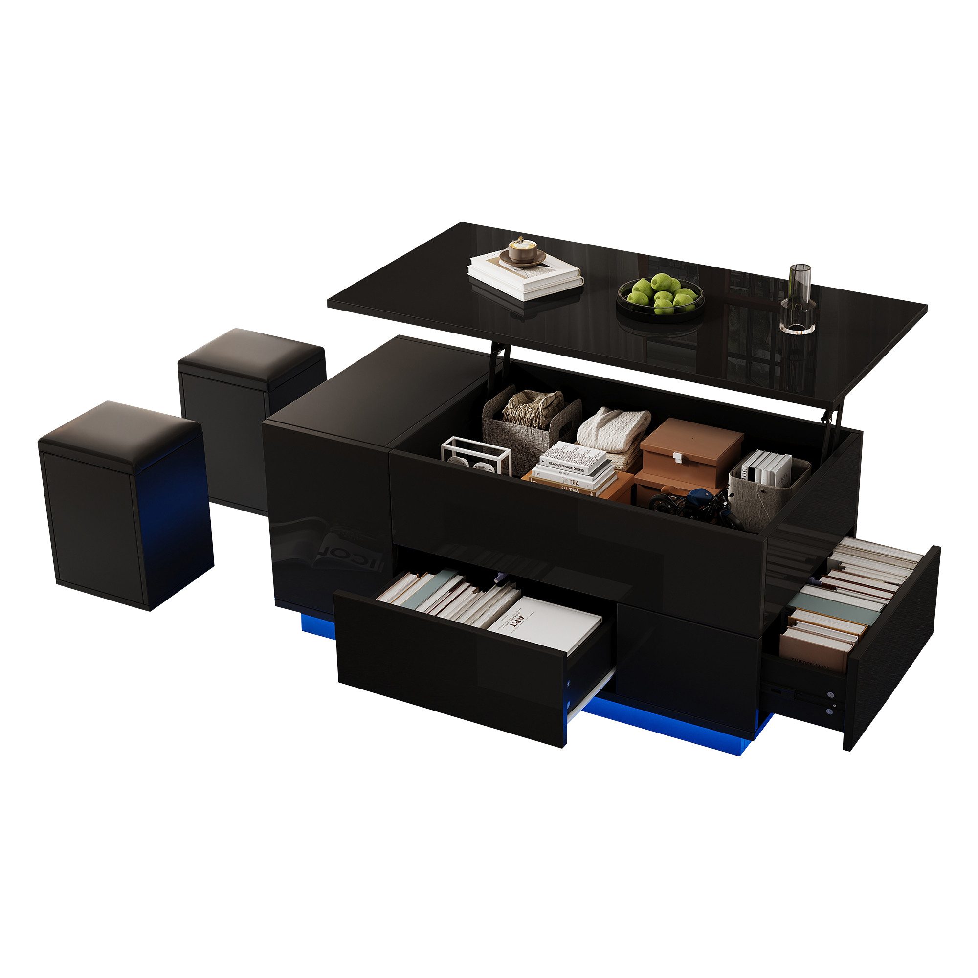 KLAM HOME Couchtisch Höhenverstellbarer LED-Couchtisch Weiß mit 2 Hockern (Hochglanz Sofatisch mit 2 Schubladen & Stauraum), Multifunktionaler Wohnzimmertisch bis 50kg Tragkraft