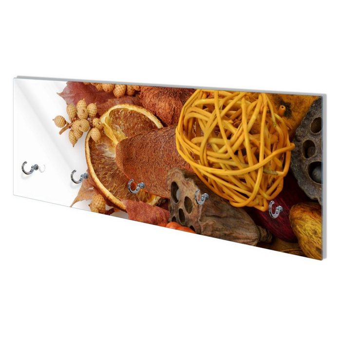 Wallario Wandgarderobe Herbststimmung - Trockenfrüchte Nüsse und Samen - Herbstdeko (1-teilig inkl. Haken und Befestigungsset) 80x30cm aus ESG-Sicherheitsglas