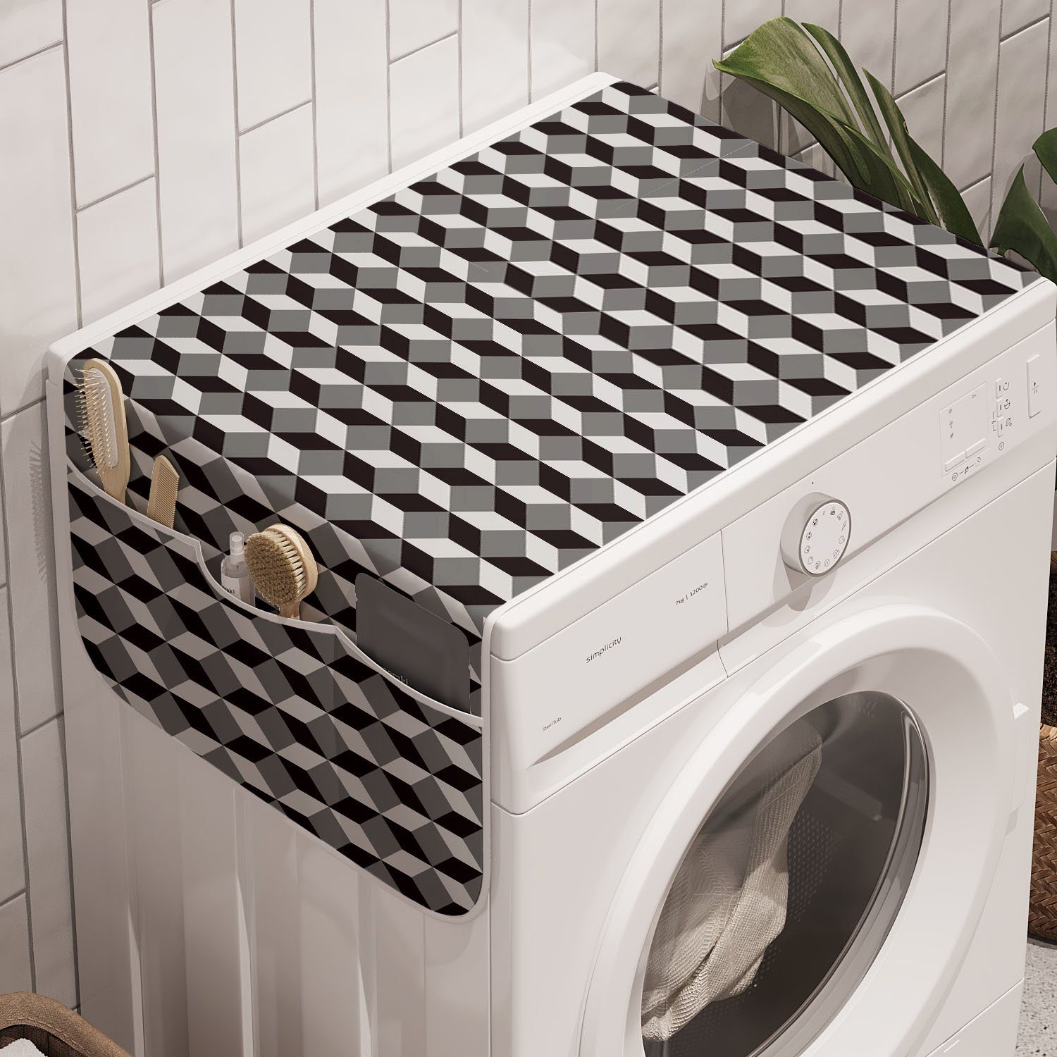 Abakuhaus Badorganizer Anti-Rutsch-Stoffabdeckung für Waschmaschine und Trockner, Geometrisch Chevron Zigzags Cubes