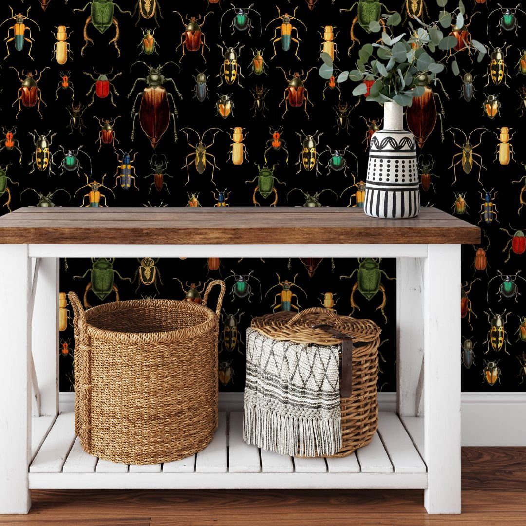 K&L Wall Art Mustertapete Vintage Natur Käfer Vliestapete Borkenkäfer Retro Insekten, Käferparadies Tapete