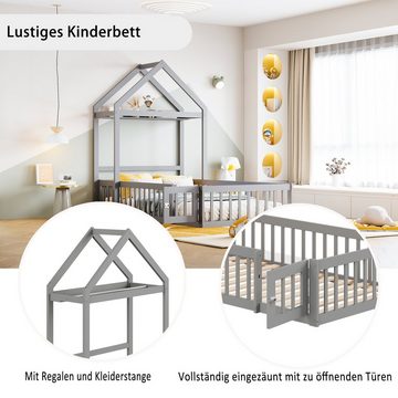 Flieks Massivholzbett, abnehmbares Kinderbett Hausbett mit Regal und Kleiderstange 90x200cm