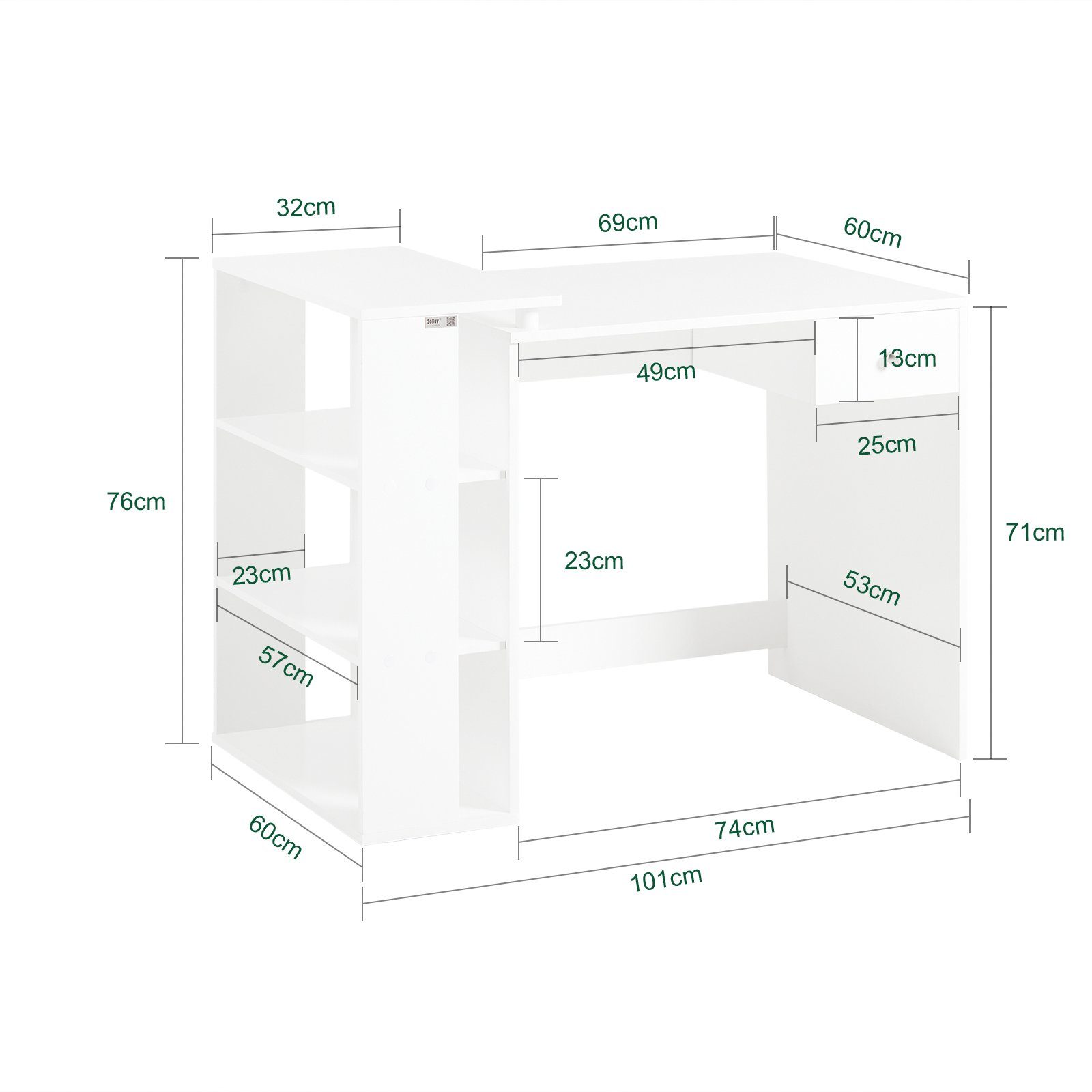 SoBuy Schreibtisch FWT35, Schreibtisch Computertisch, Bürotisch mit 3 Ablagen, Eckschreibtisch mit 1 Schublade, Kindertisch, Arbeitstisch – Bild 4 von 5