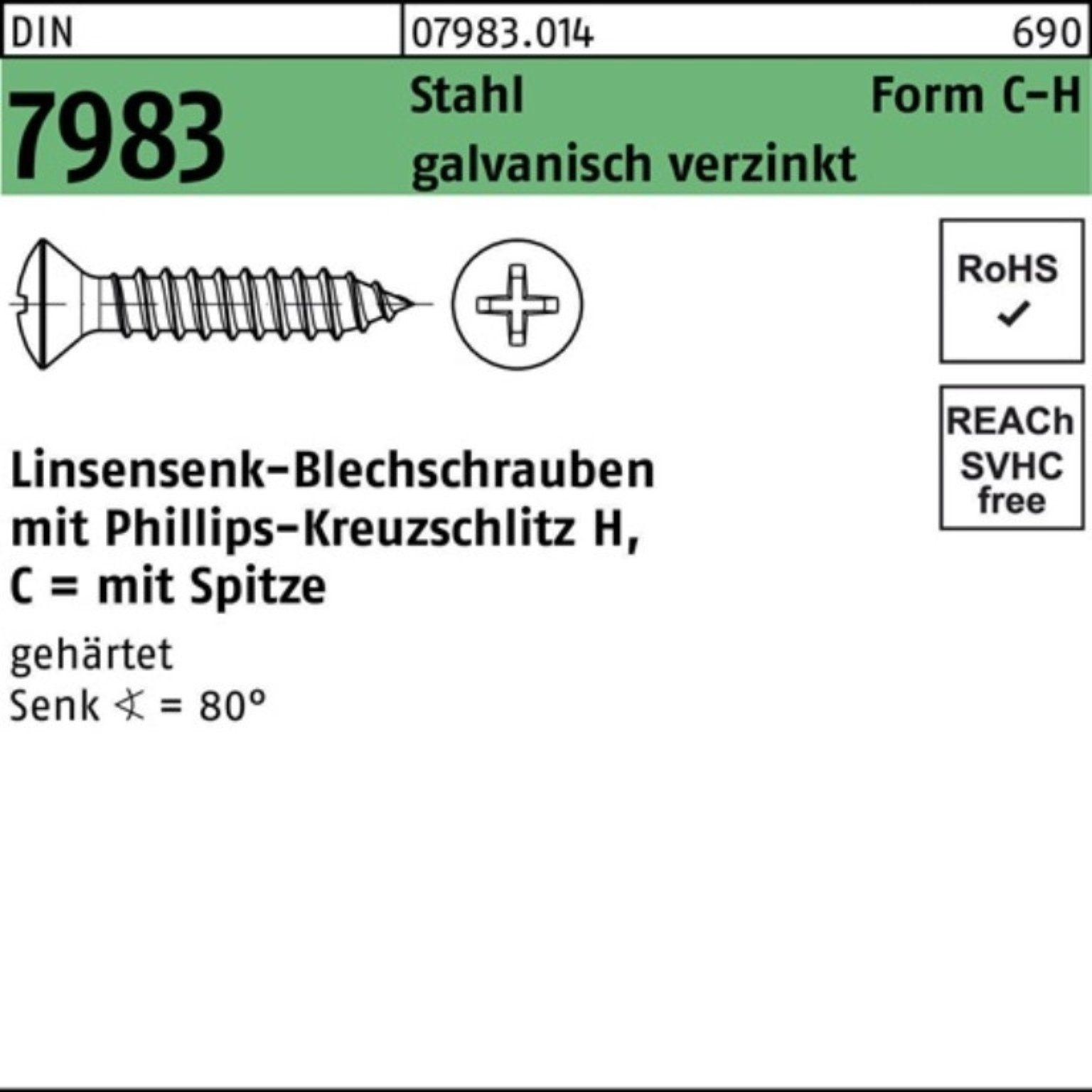 Linsensenkblechschraube PH Pack DIN Reyher 4,8x32-H 7983 gehär Schraube 250er Stahl C