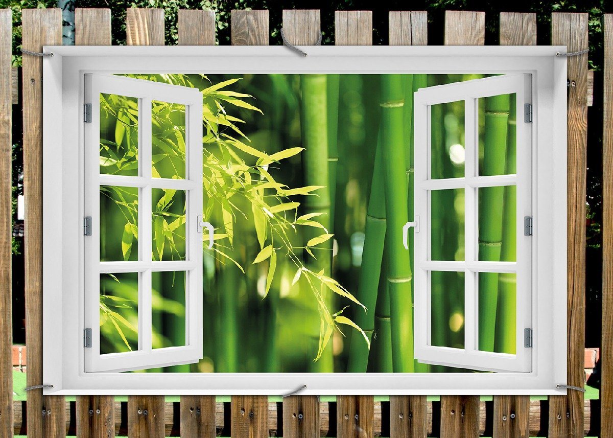 Thumbnail - Wallario Sichtschutzzaunmatten Bambuswald mit grünen Bambuspflanzen, mit Fenster-Illusion