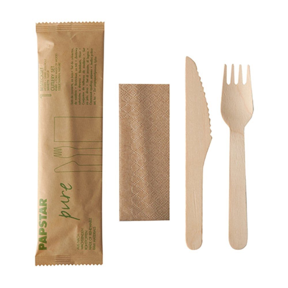 PAPSTAR Einwegbesteck-Set Besteckset Holz "pure" natur: Messer, Gabel, Serviette in Papierbeutel