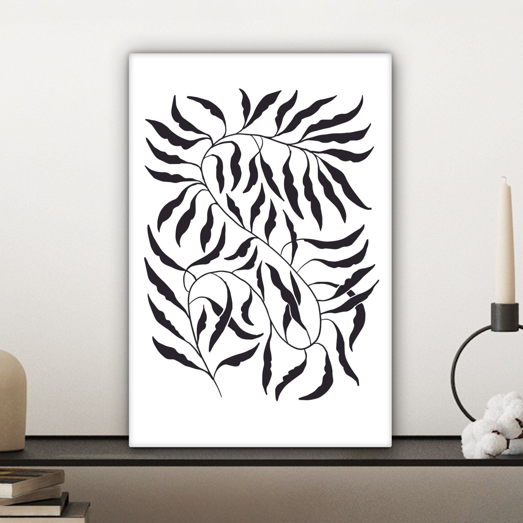 Zackenaufhänger, - bespannt OneMillionCanvasses® weiß abstrakt, - inkl. St), Blätter Leinwandbild fertig böhmisch Gemälde, Leinwandbild - - cm 20x30 Pflanzen (1