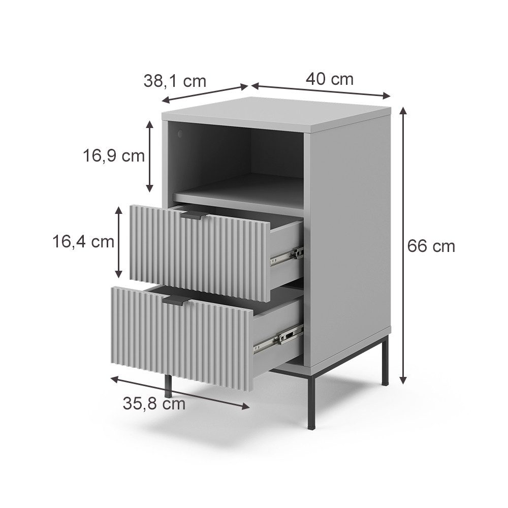 Vicco Nachtschrank Eliza, Grau/Schwarz, 40 x 66 cm mit 2 Schubladen & 1 Fach (1-St)