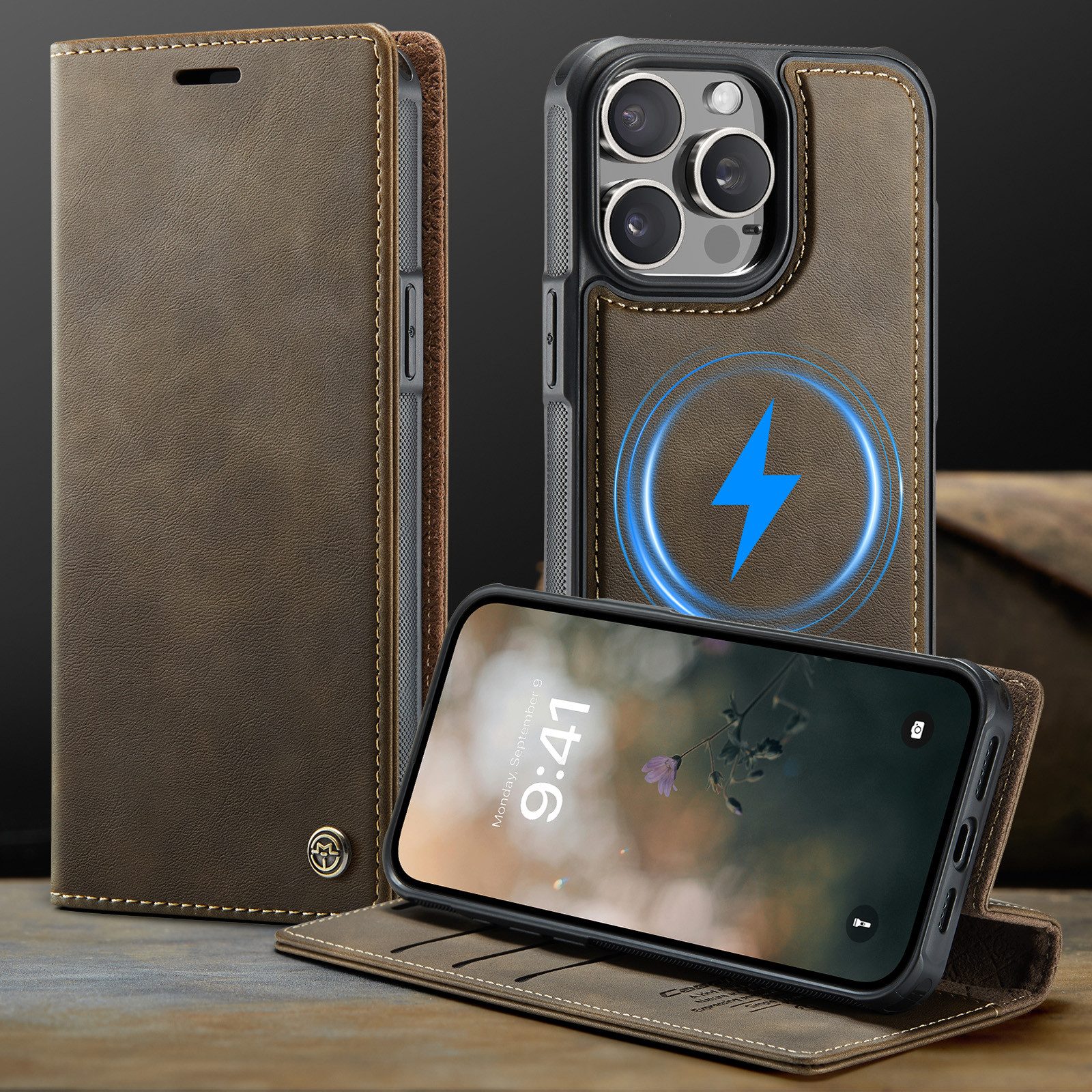 Mycotech Handyhülle Premium 2in1 Klapphülle mit abnehmbarem Magnet Case MagSafe Für iPhone 15 Pro Max, Braun – Bild 2 von 5