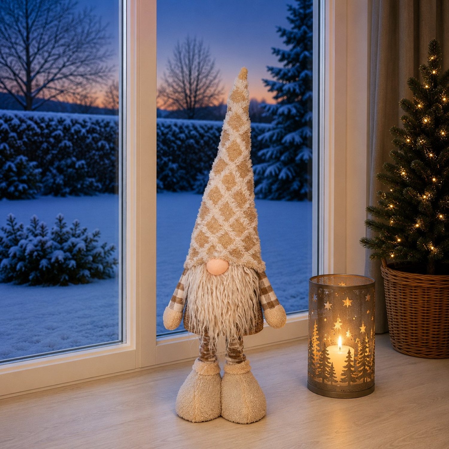 Online-Fuchs Dekofigur Weihnachtswichtel XL mit Teleskopbeinen, Deko für Winter & Weihnachten (mit langer Zipfelmütze & flauschigem Bart, in harmonischen Creme Tönen), mit Teleskopbeinen zwischen 83 und 128 cm groß - W6