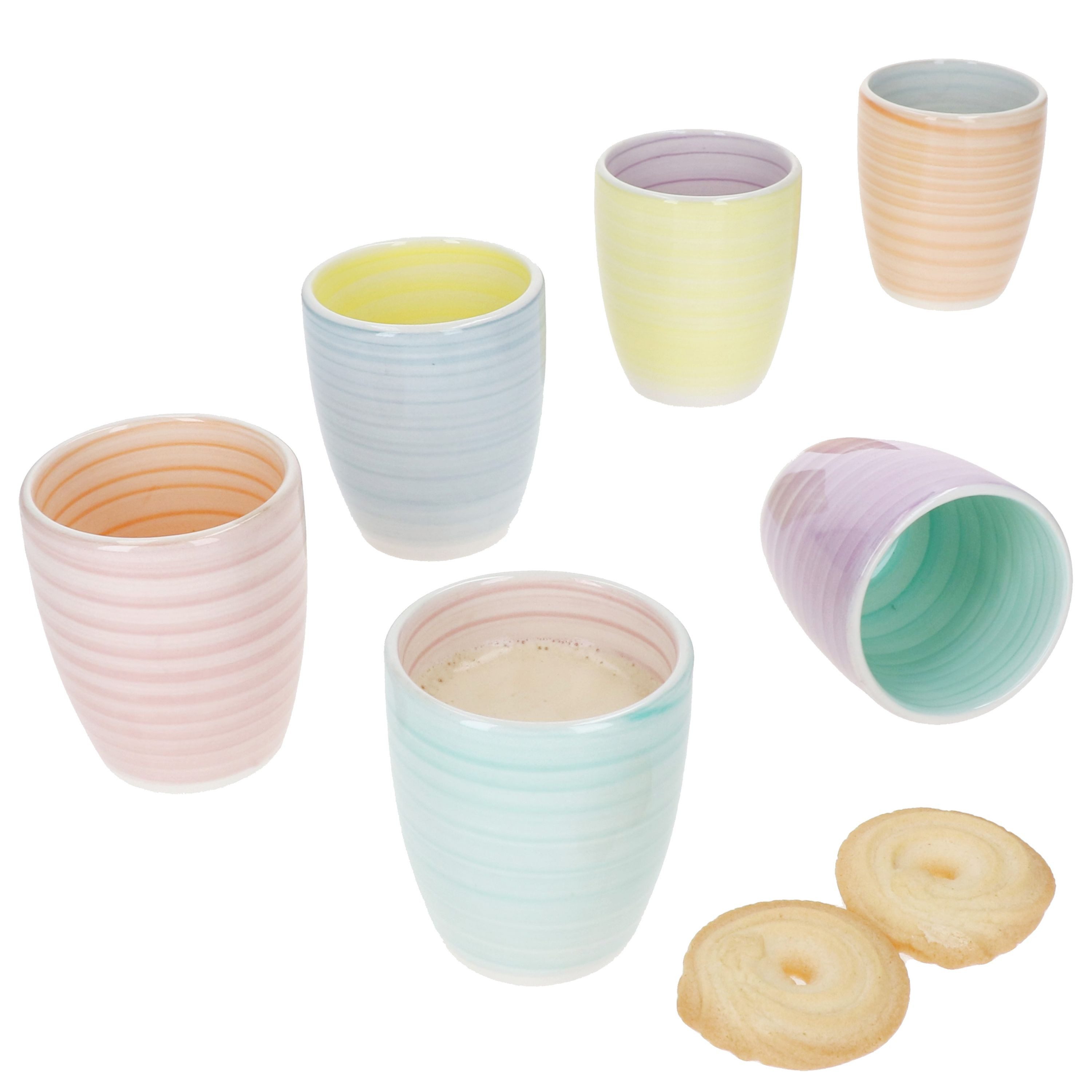 MamboCat Becher 6er Set Pastello Mokkabecher ohne Henkel 150ml 6 Pers Matcha Tasse, Steingut