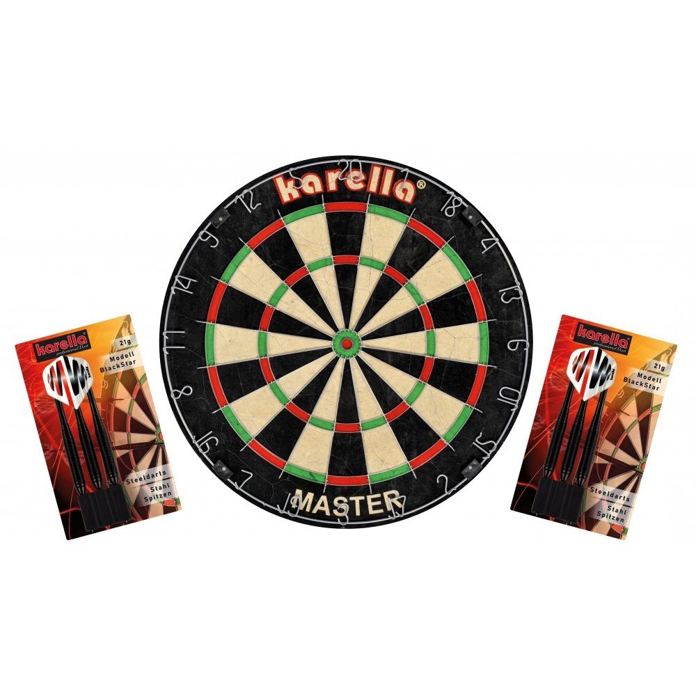Karella Dartscheibe Dartboard Master im Set inklusive 2 Satz Steeldarts, (Spar-Set, mit Dartpfeilen), inklusive 2 Satz Karella Steeldarts