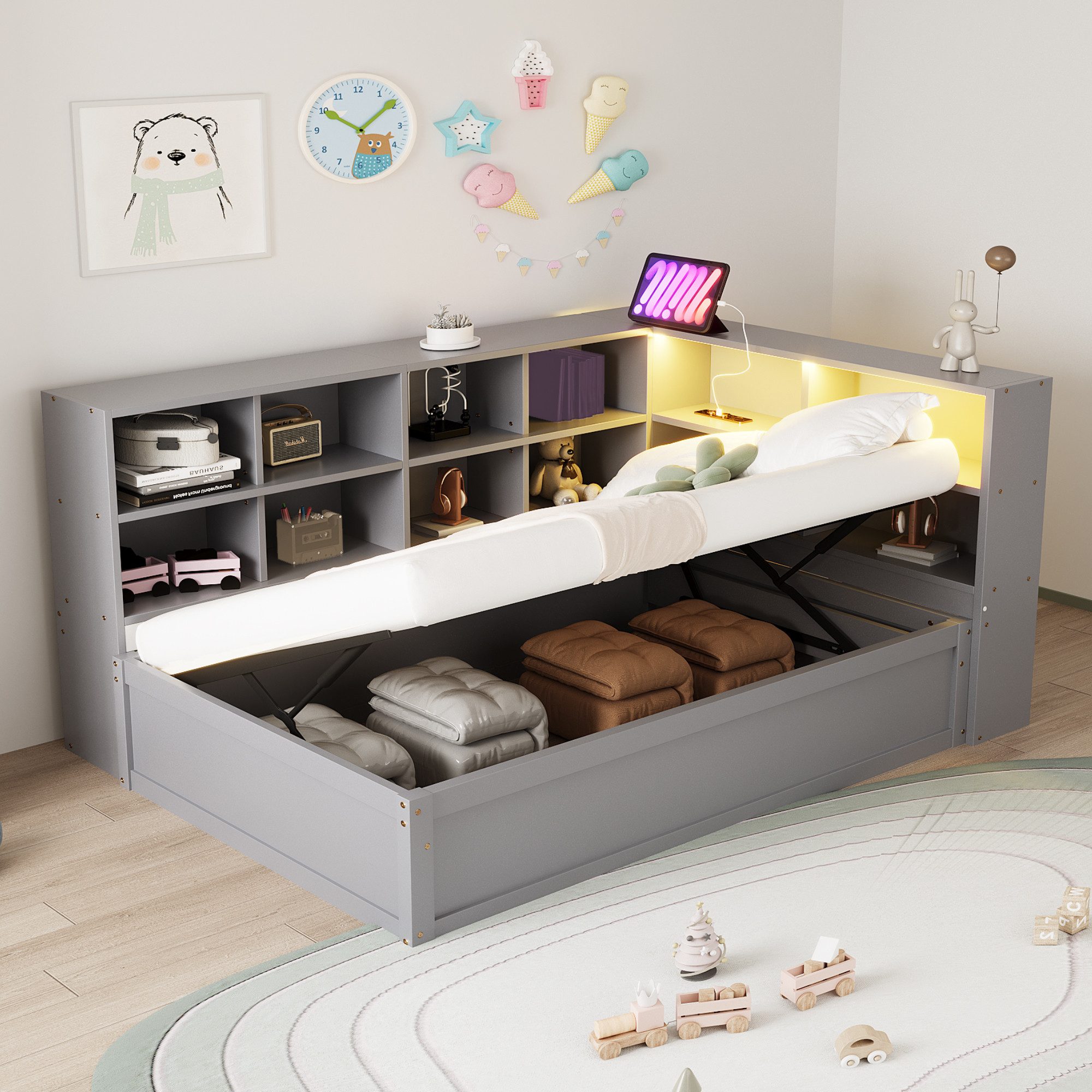 REDOM Schlafsofa mit Hydraulikmechanismus,Mehrfachsteckdose, Staufächer und Lichtleiste, mit integriertem Stauraum, Kinderbett Funktionsbett 90x200 cm, ohne Matratze