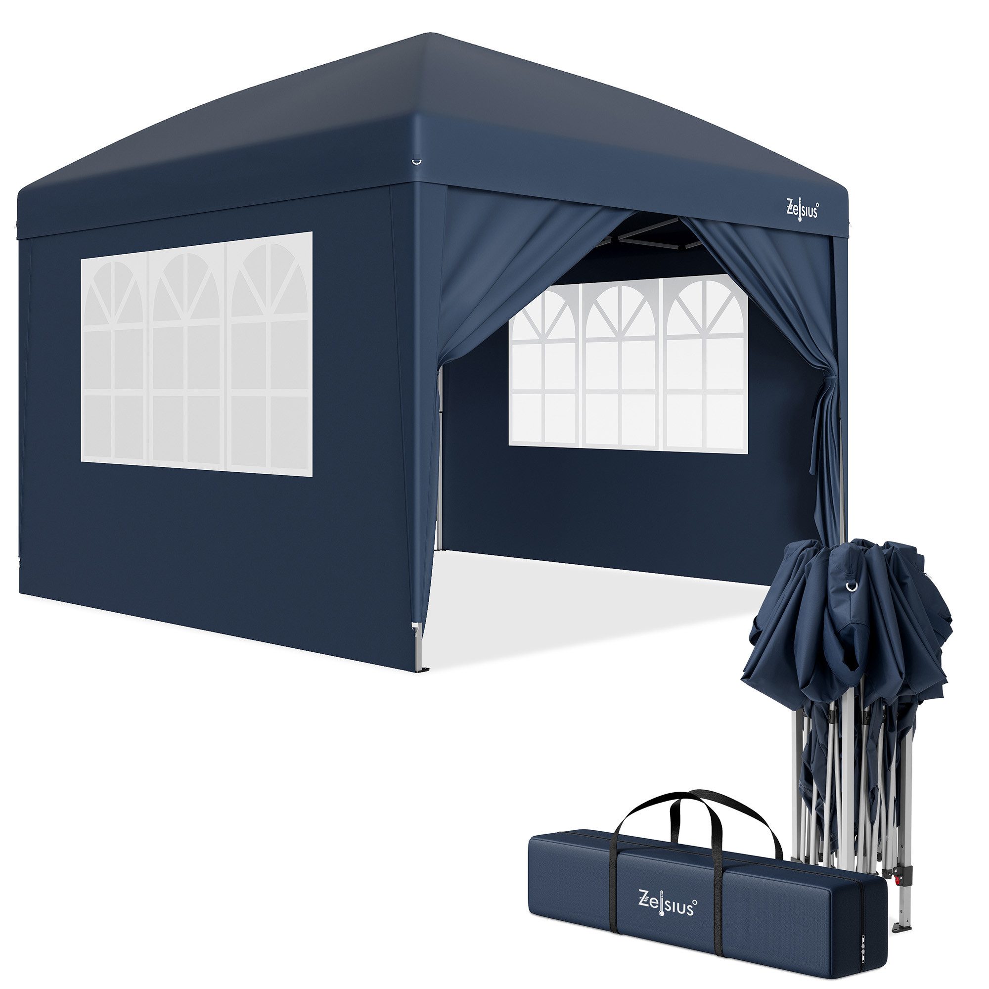 Zelsius Faltpavillon Faltbarer Pavillon 3x3 m mit Seitenwänden, Blau, Faltpavillon, Löcher in den Füßen zur sicheren Befestigung mit Heringen