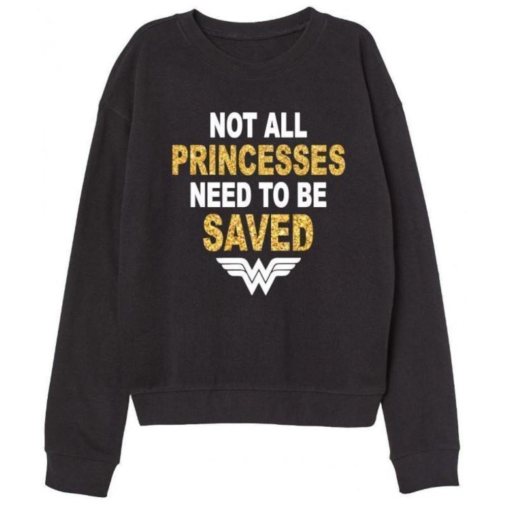 Wonder Woman Rundhalspullover Wonder Woman T-Shirt 'NOT ALL PRINCESSES NEED TO BE SAVED', Schwarz