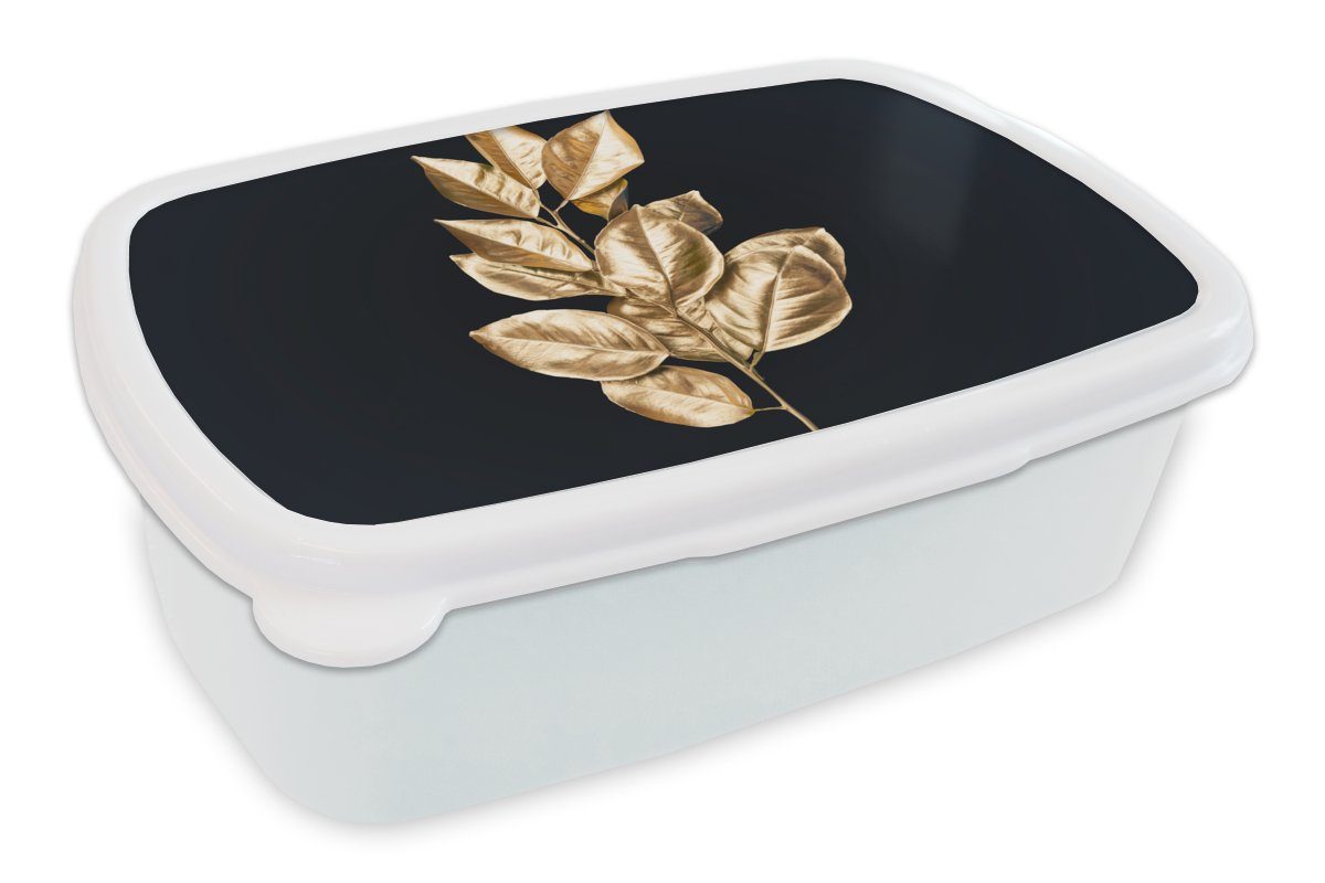 MuchoWow Lunchbox Pflanze - Blätter - Gold - Schwarz - Luxus, Kunststoff, (2-tlg), Brotbox für Kinder und Erwachsene, Brotdose, für Jungs und Mädchen weiß