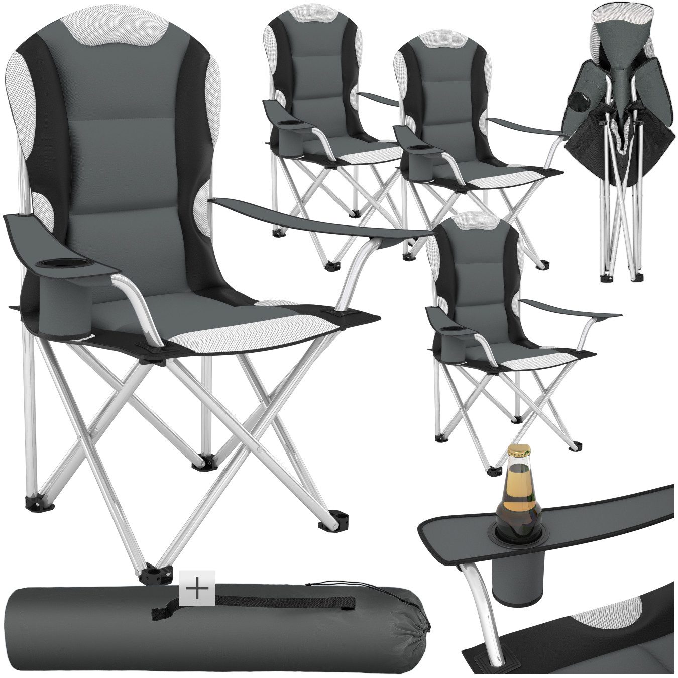 tectake Campingstuhl Gartenstuhl mit Polsterung, faltbar, 60 x 88 x 105 cm (Outdoor Klapptstuhl für Außen in Grau, 4 St), gepolstert, mit Getränkehalter, geringes Gewicht, inkl. Tragetasche