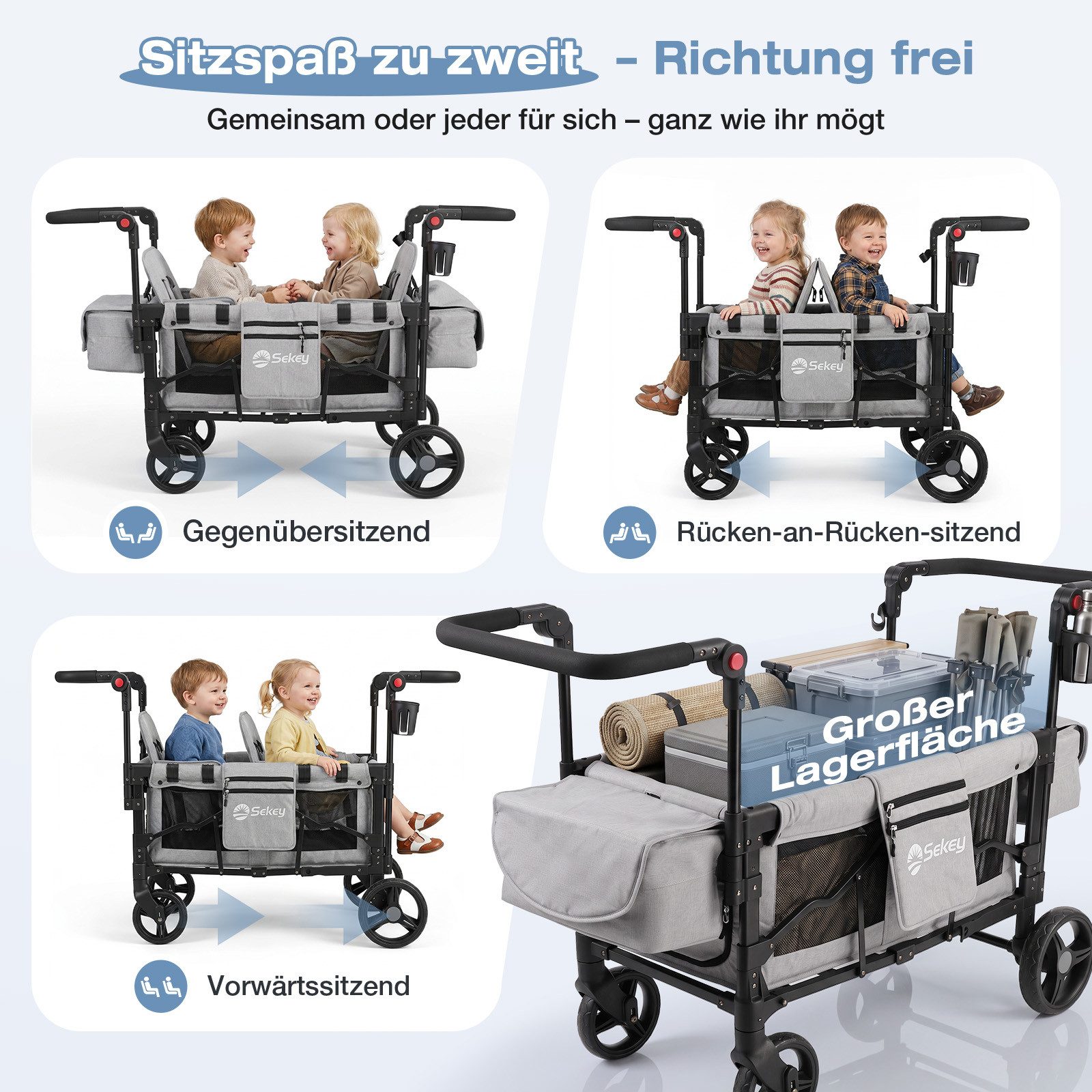 Sekey Bollerwagen für Kinder zum Sitzen, Bollerwagen Faltbar Kinderwagen für 2 Kinder, Duo Schiebegriff Kinderwagen mit 2 integrierten 5-Punkt-Gurtsystem