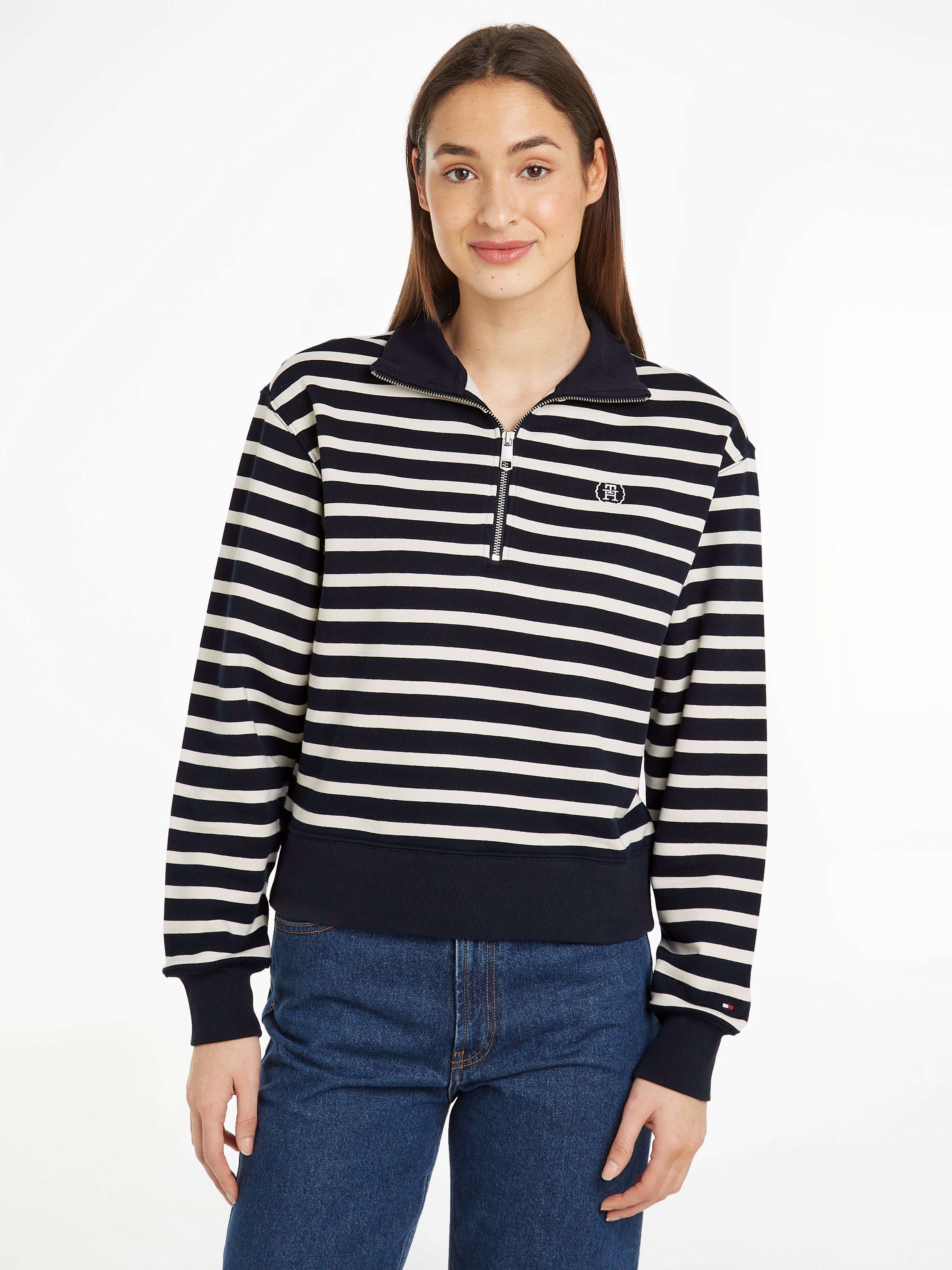 Tommy Hilfiger Sweater SMD BRETON STRIPE 1/2 ZIP HWK Polokragen mit Reißverschlusss, gestreift, Logostickerei