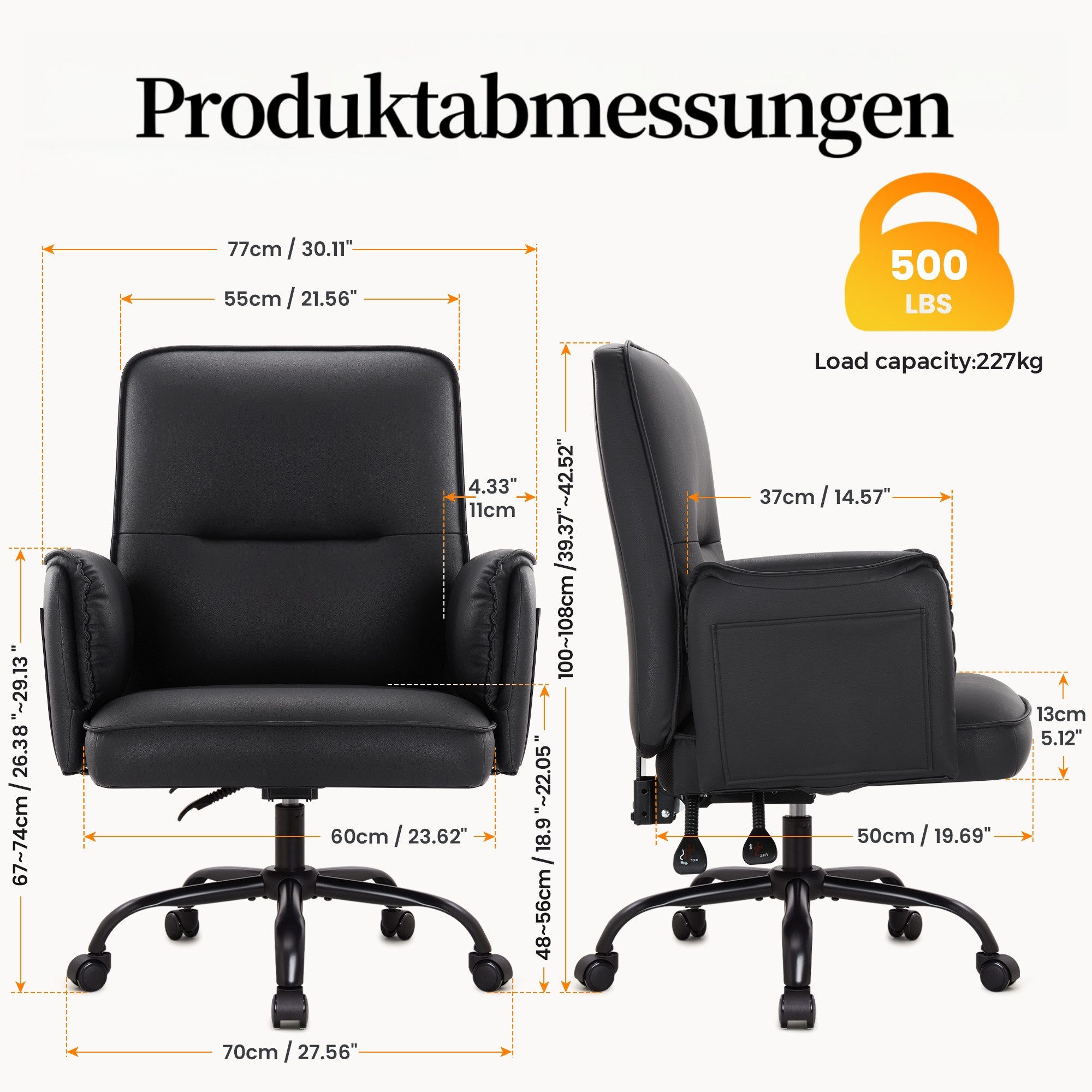 IWMH Chefsessel Ergonimischer Bürostuhl mit Armlehnen (Höhenverstellbarer Einzelsofa mit Rollen), Schreibtischstuhl für Büro Wohnzimmer Schlafzimmer Gaming – Bild 5 von 5