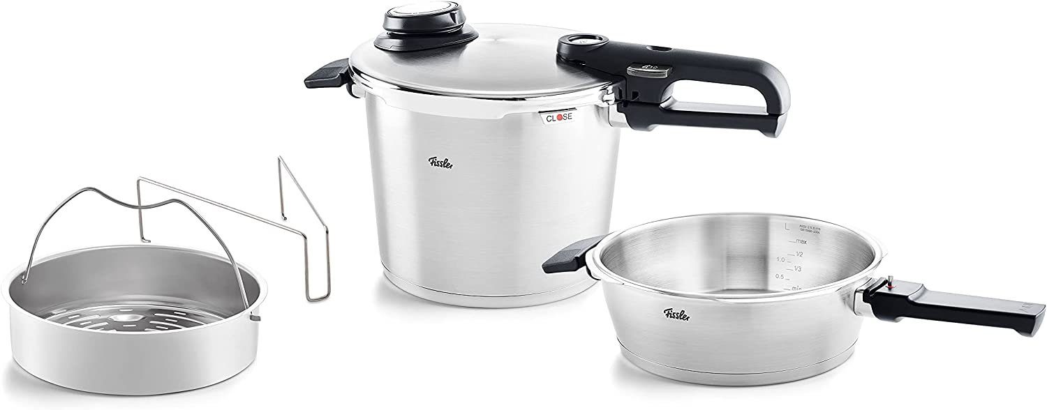 Fissler Schnellkochtopf Vitavit® Premium Dampfkochtopf Set Edelstahl Made in Germany, Edelstahl 18/10 (4-tlg), Verriegelungsanzeige, Einstellbares Abdampfen, Einstellbare Kochstufen