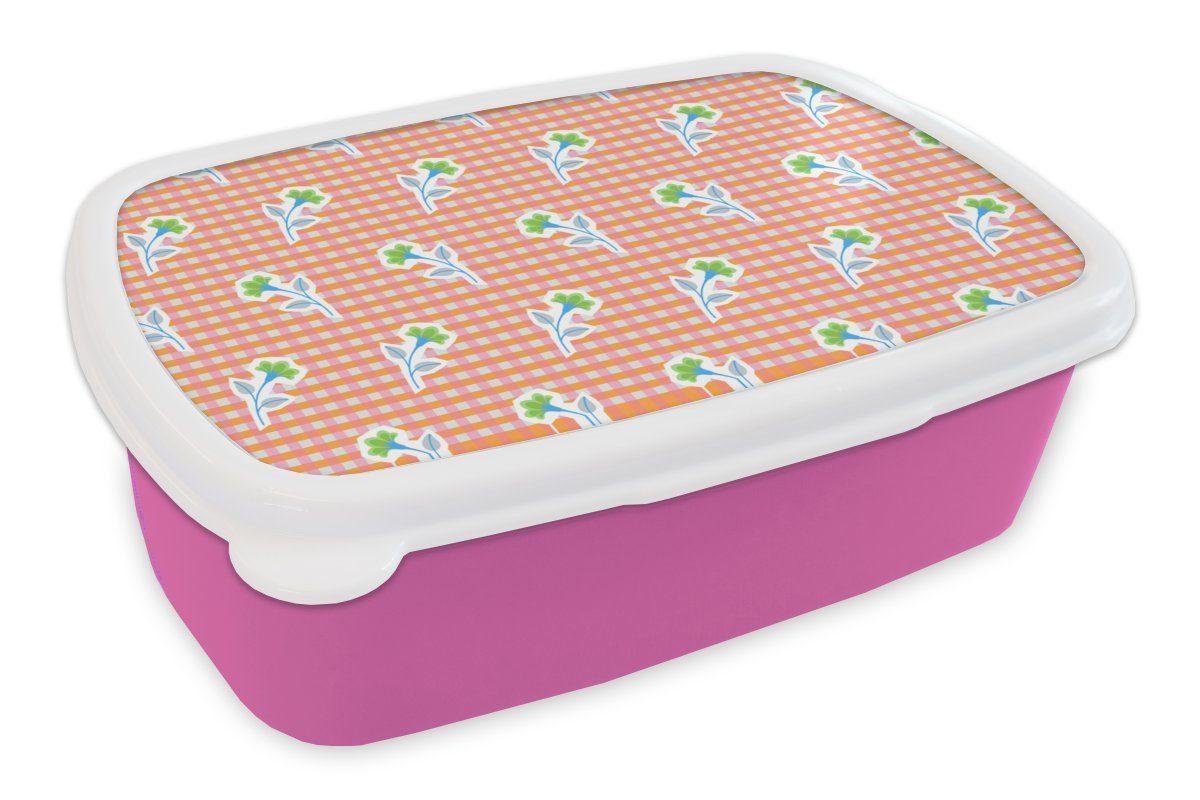 MuchoWow Lunchbox Blumen - Rauten - Muster, Kunststoff, (2-tlg), Brotbox für Erwachsene, Brotdose Kinder, Snackbox, Mädchen, Kunststoff rosa