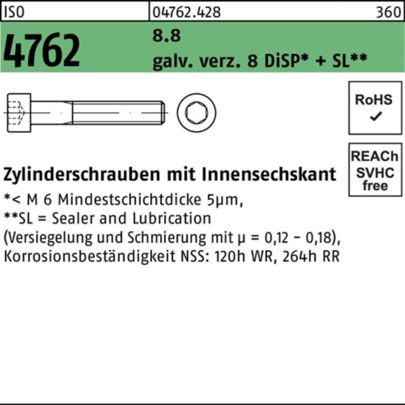 Reyher Zylinderschraube 100er Pack Zylinderschraube ISO 4762 Innen-6kt M12x30 8.8 galv.verz. 8 | Schrauben