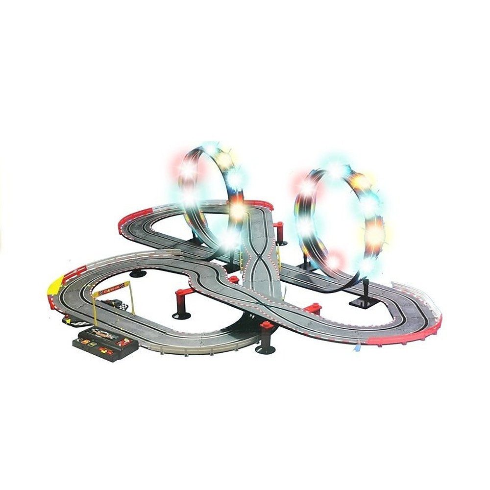 LEAN TOYS Autorennbahn Rennbahn Looping Rennstrecke, (Spar-Set, 1-tlg., 162 x 113 cm beleuchtet), 2 Loopings, LED-Beleuchtung, Rundenzähler, 2 Autos