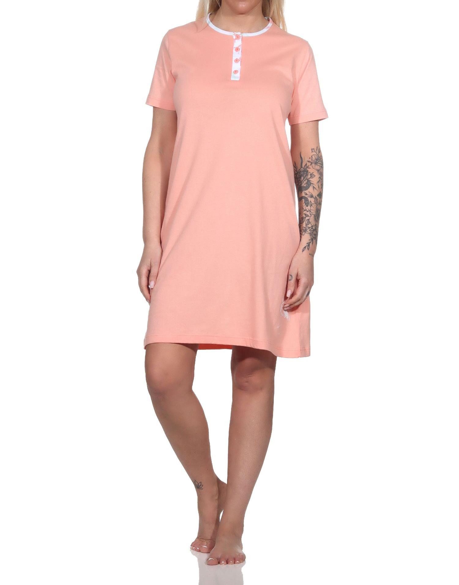 Nachthemd Damen kurzarm Nachthemd mit Flamingo Motiv und Knopfleiste am Hals