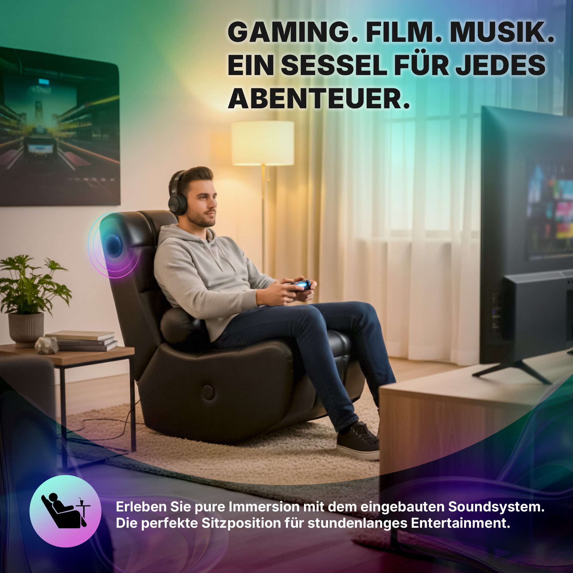 Allyson Relaxsessel Fernsehsessel Wohnzimmer – Bequemer Lounge & Ruhesessel mit Bluetooth, Bluetooth-Lautsprecher, USB-Ladefunktion, klappbar, inkl. Kissen.