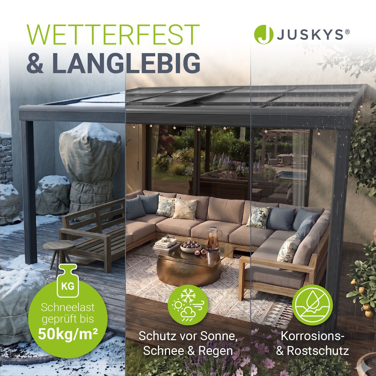 Juskys Terrassendach Jakarta, BxT: 400x300 cm, mit Schiebefenster, inkl. Fallrohr und Fußboden Verankerung