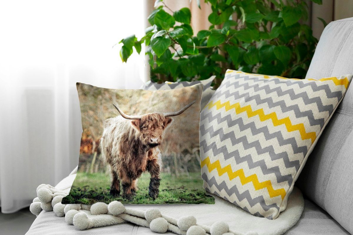 Scottish mit - Zierkissen Bull - Wohzimmer, Herbst, Sofakissen Füllung Dekokissen Schlafzimmer, für MuchoWow Highlander Natur Deko,