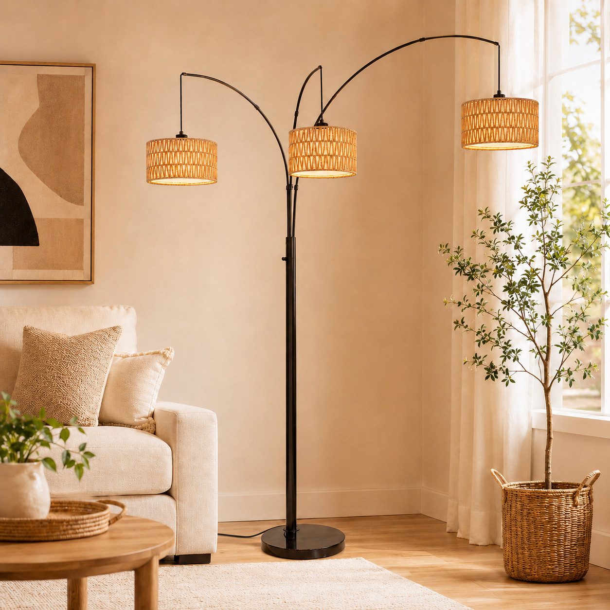 Rosnek LED Stehlampe Rattan 3-flammig, Drehknopfschalter Steh-Ecklampe, Drehschalter, LED wechselbar, 180 cm, 6 W, 3000 K warmweiß, E26, für Sofa, Schlafzimmer & Büro