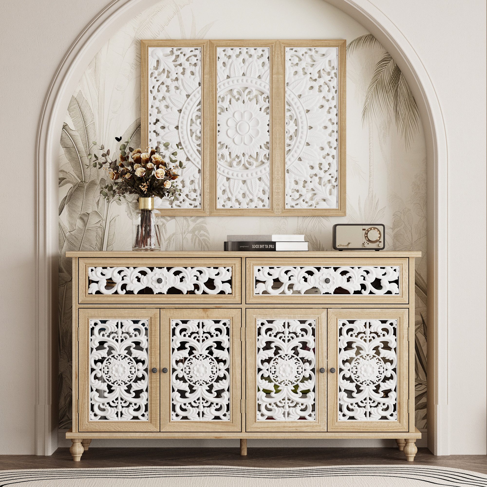HOMSEE Sideboard mit Schnitzdekor, Natur & Weiß, Massivholz, 150×40×99 cm (1 St), inkl. passendem Wandbild, 4 Türen + 2 Schubladen