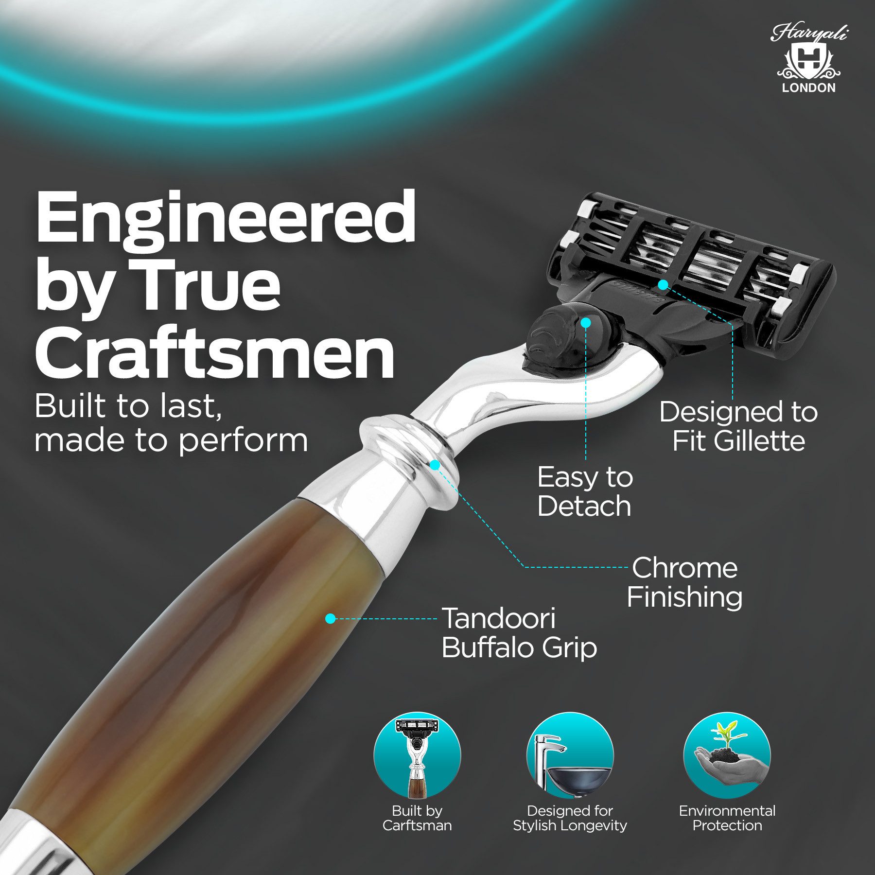 Haryali London Nassrasierer 3-Klingen-Rasierer für Herren, Luxus-Herrenrasierer, Büffelhorn-Imitat, Packung, Rasiermesser mit verstellbarer Klinge und hochwertigem Messing-Harz, Abwaschbarer,rutschfester Griff.Passend für alle Mach 3 Rasierklingen.