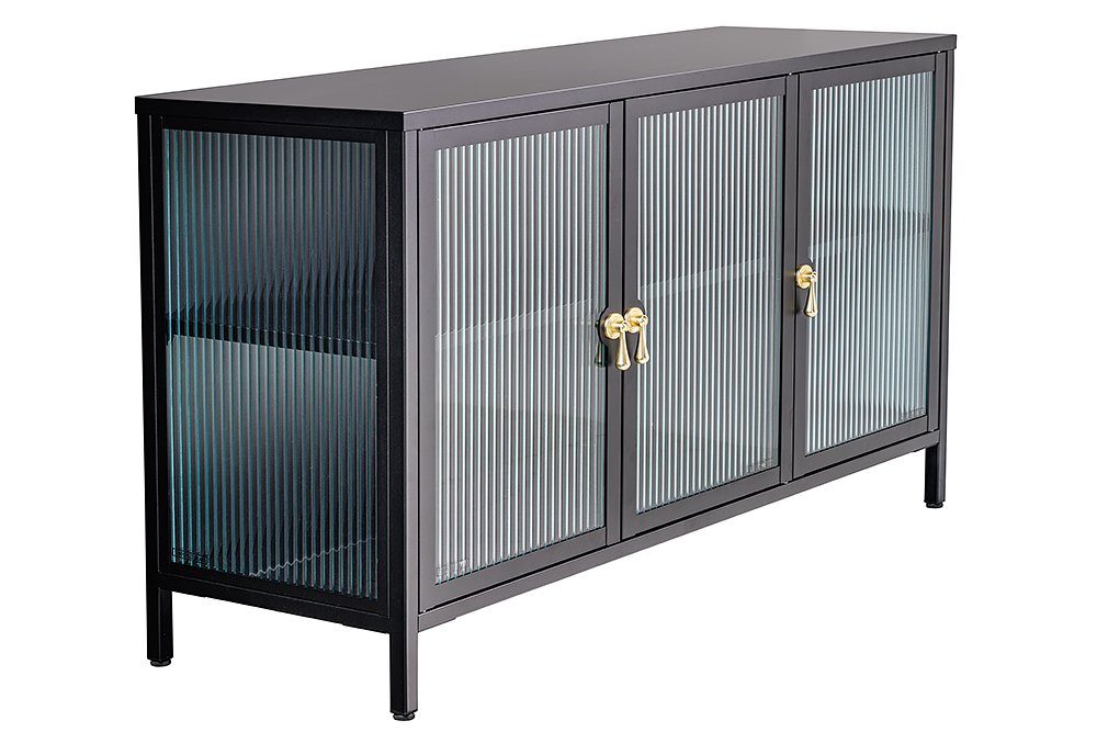 riess-ambiente Sideboard AMSTERDAM 105cm schwarz/gold - Metall, Riffelglas, 3 Türen (Einzelartikel, 1 St), mit verstellbaren Böden & Stauraum – ideal für Wohnzimmer & Esszimmer
