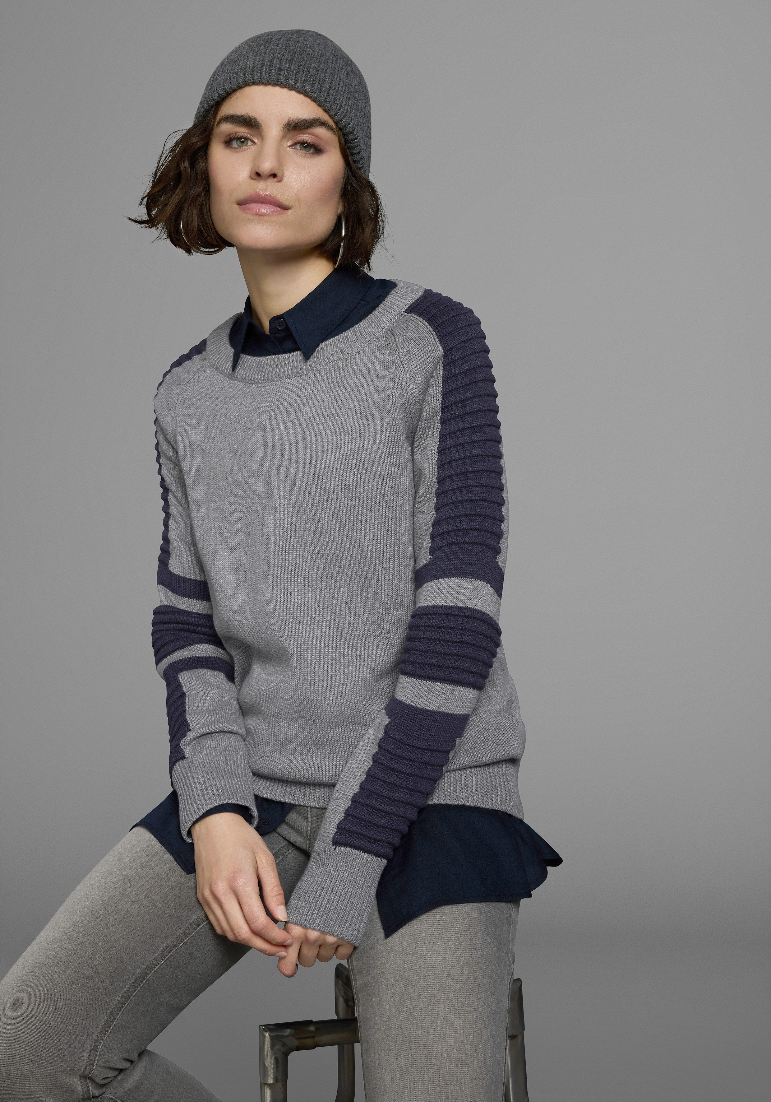 Arizona Rundhalspullover im Bikerstil mit Ärmeln in Fein - und grobem Rippe günstig online kaufen